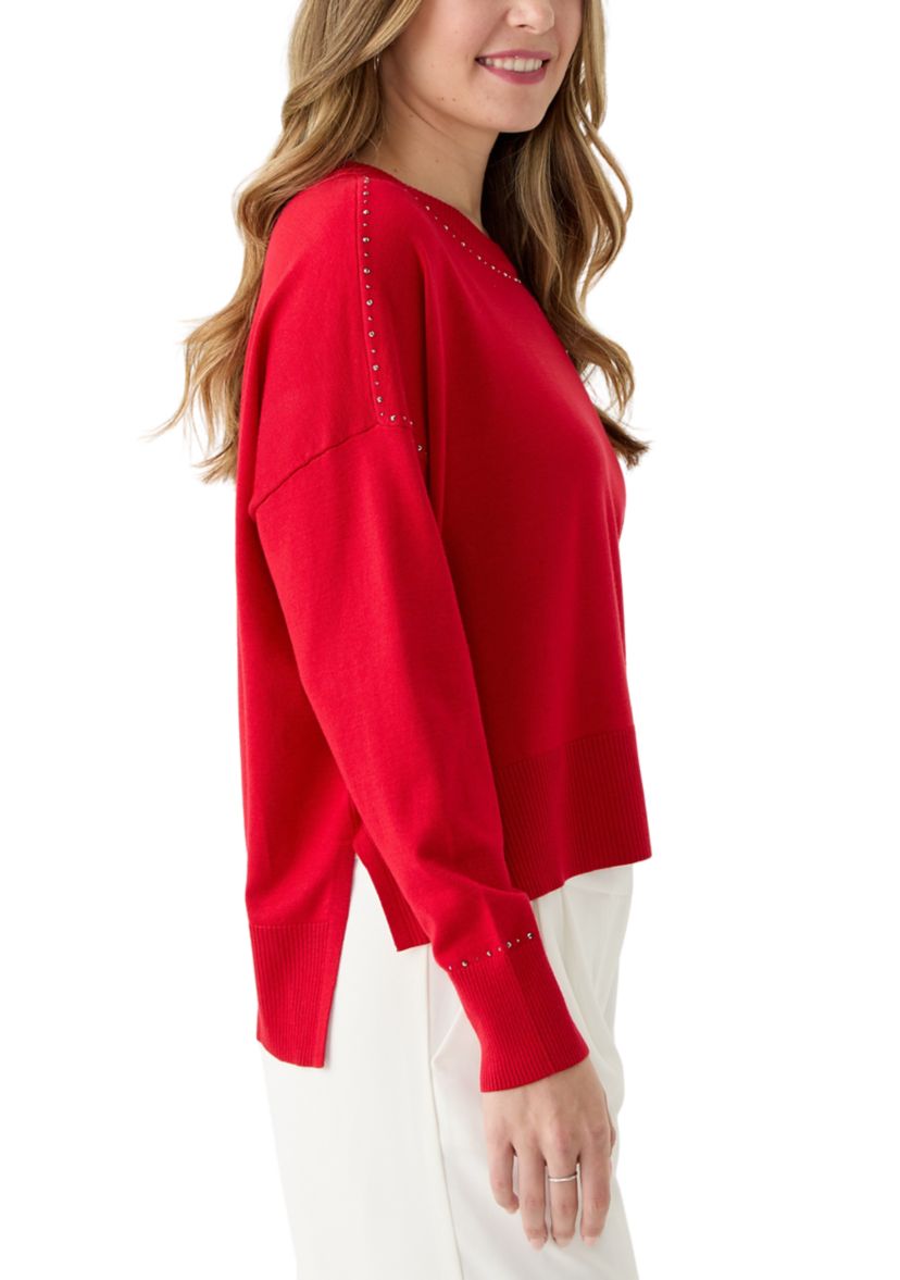 Womens Crew Neck Stud Trim Split Hem Sweater