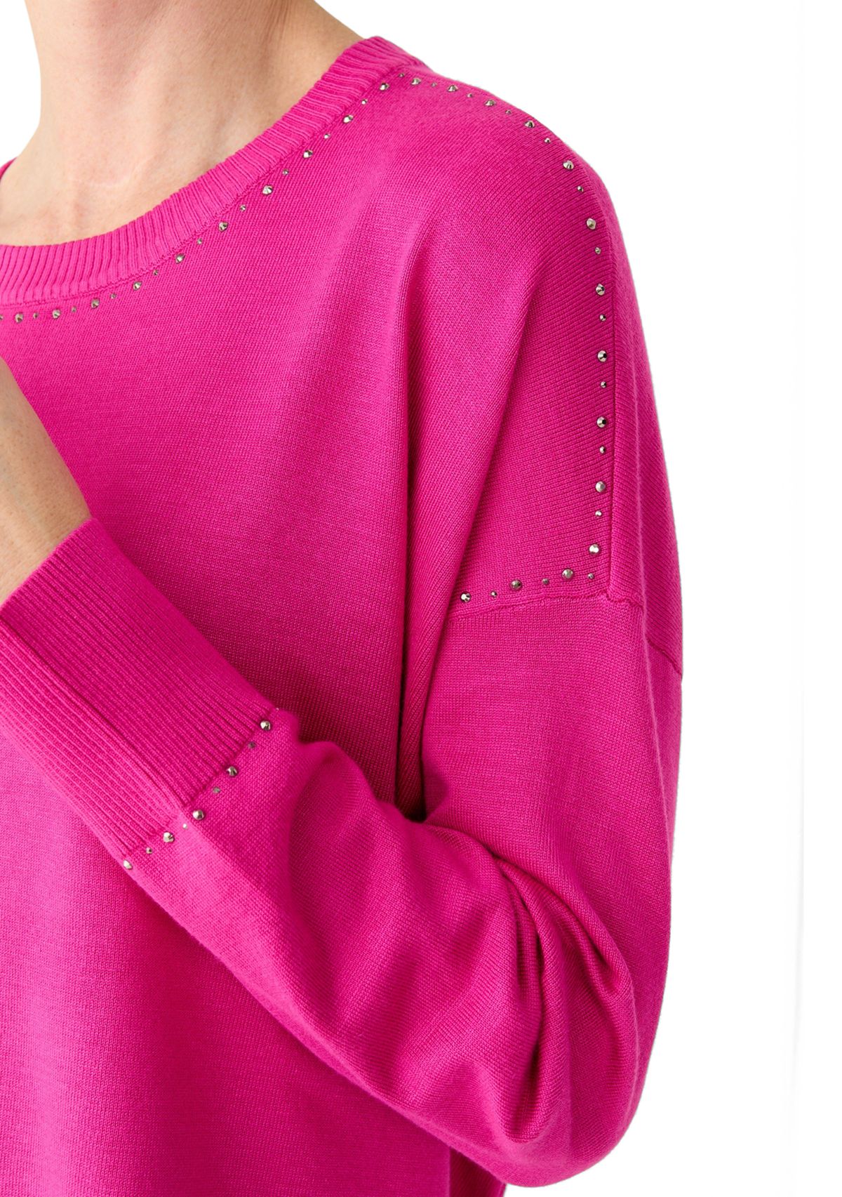 Womens Crew Neck Stud Trim Split Hem Sweater