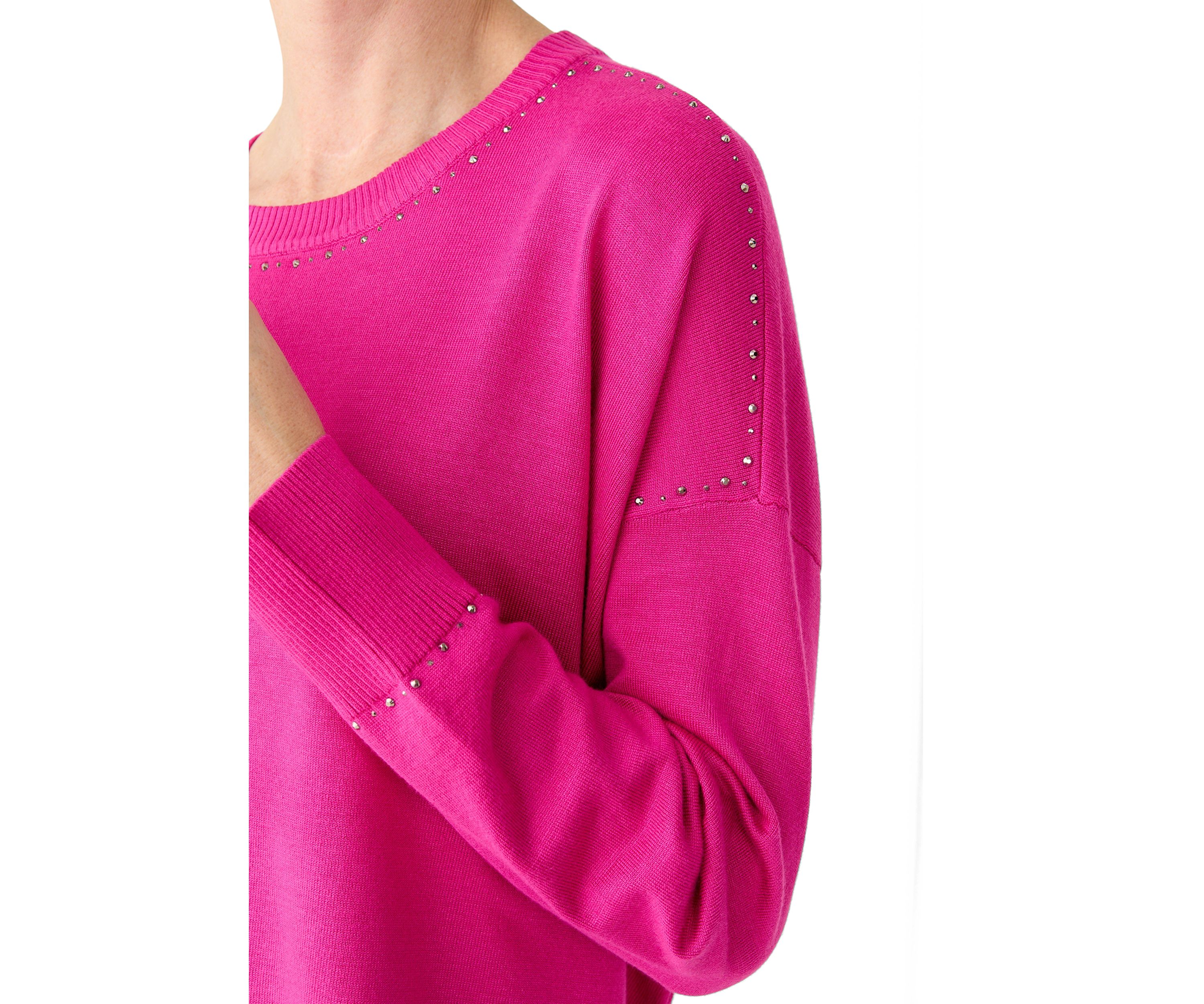 Womens Crew Neck Stud Trim Split Hem Sweater
