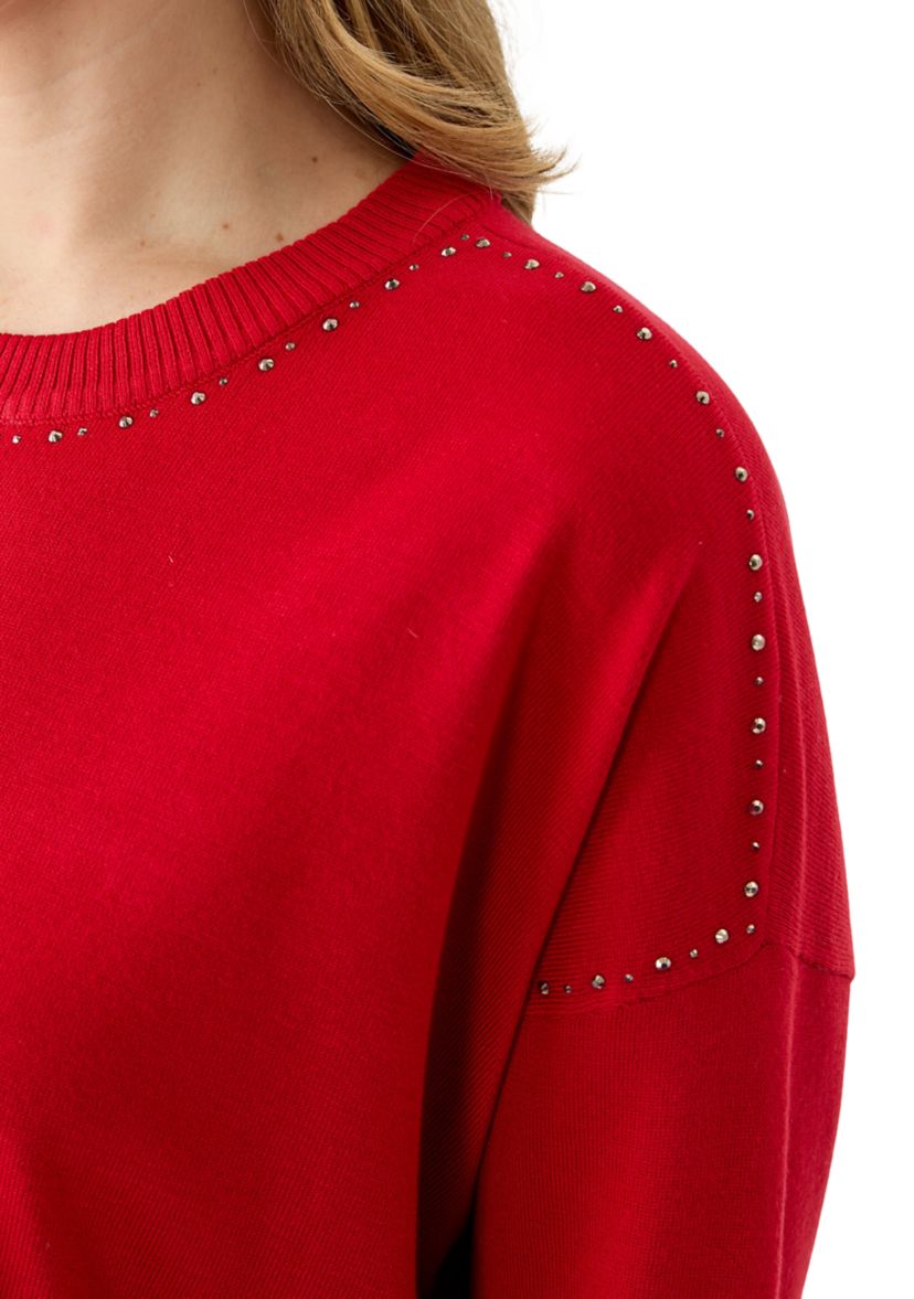 Womens Crew Neck Stud Trim Split Hem Sweater