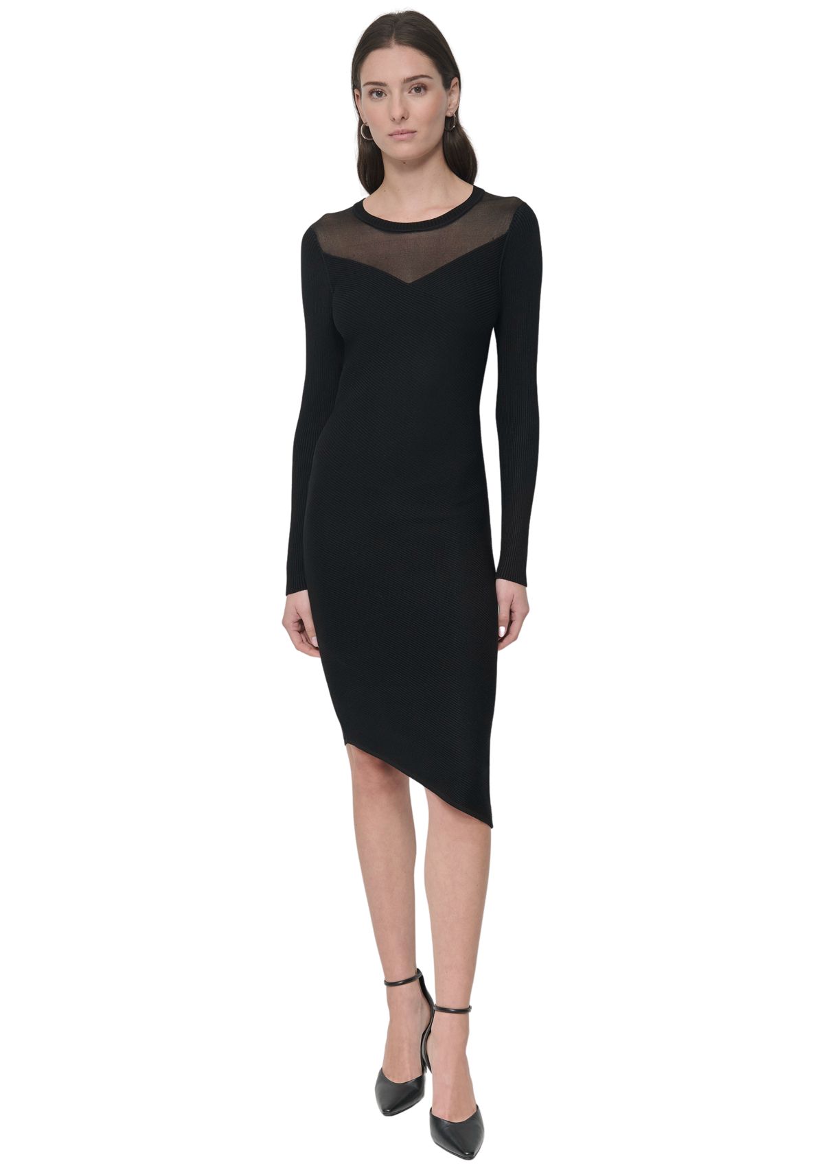 Womens Long Sleeve Sheer Asymmetrical Dress
