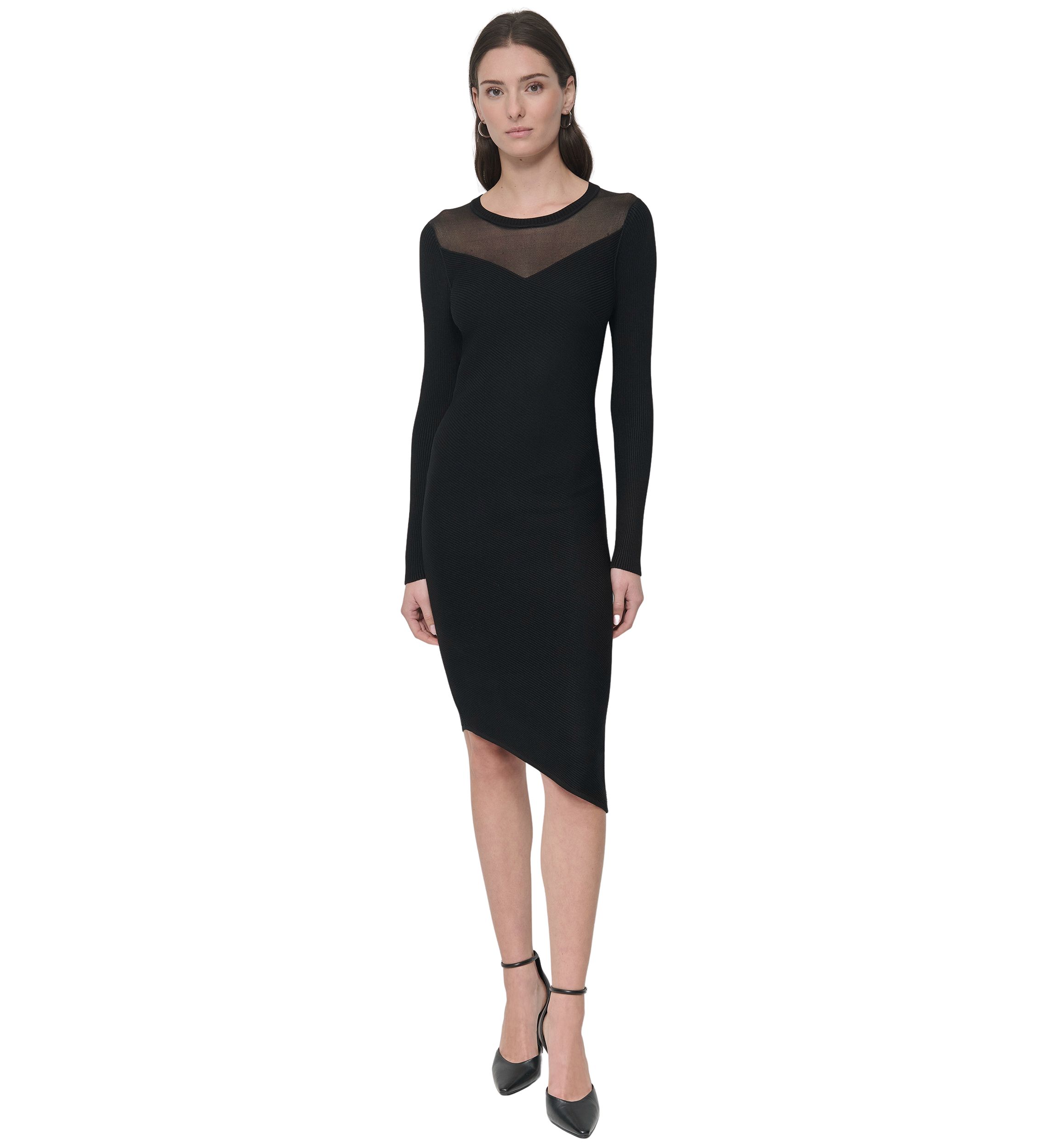 Womens Long Sleeve Sheer Asymmetrical Dress