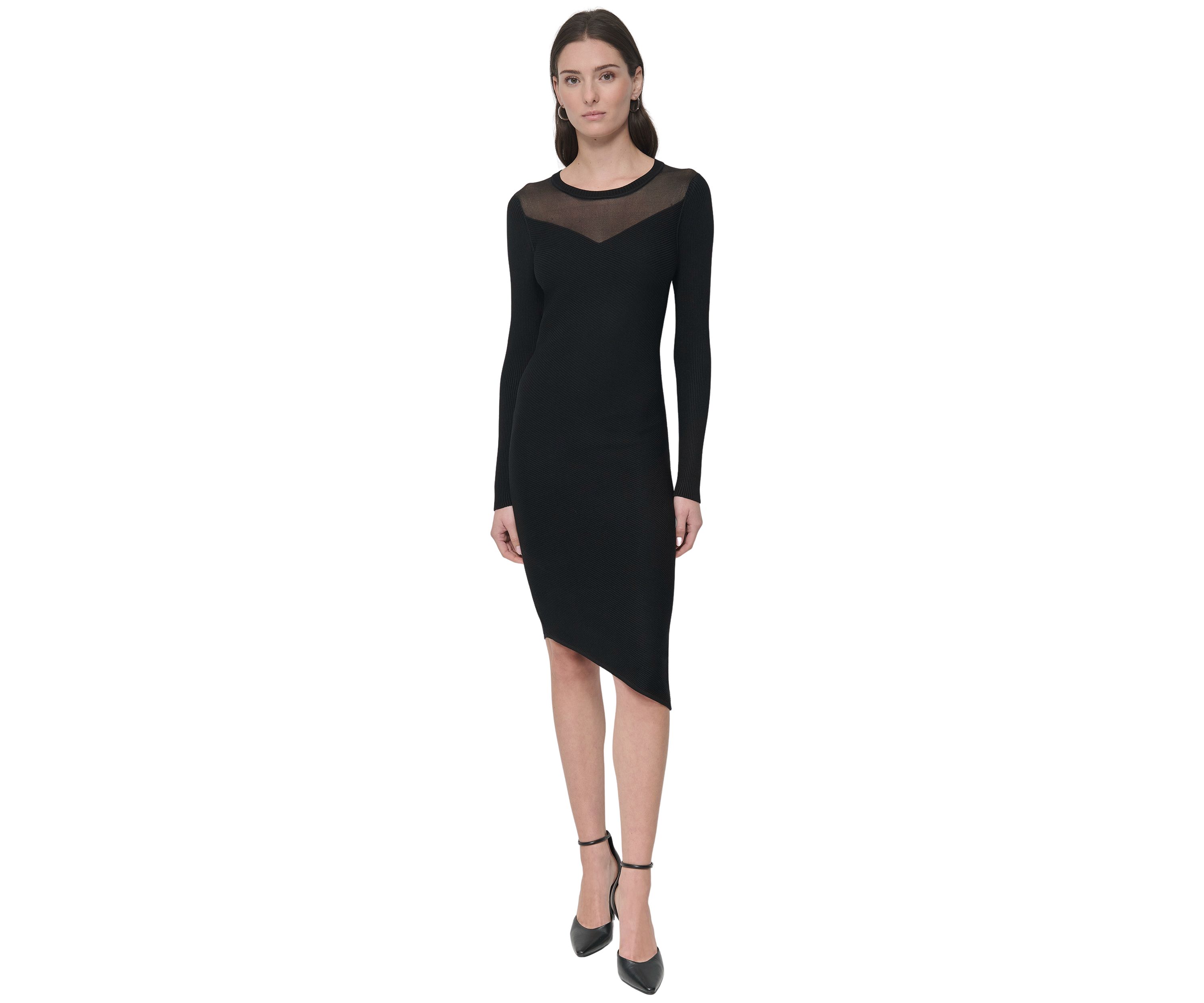 Womens Long Sleeve Sheer Asymmetrical Dress