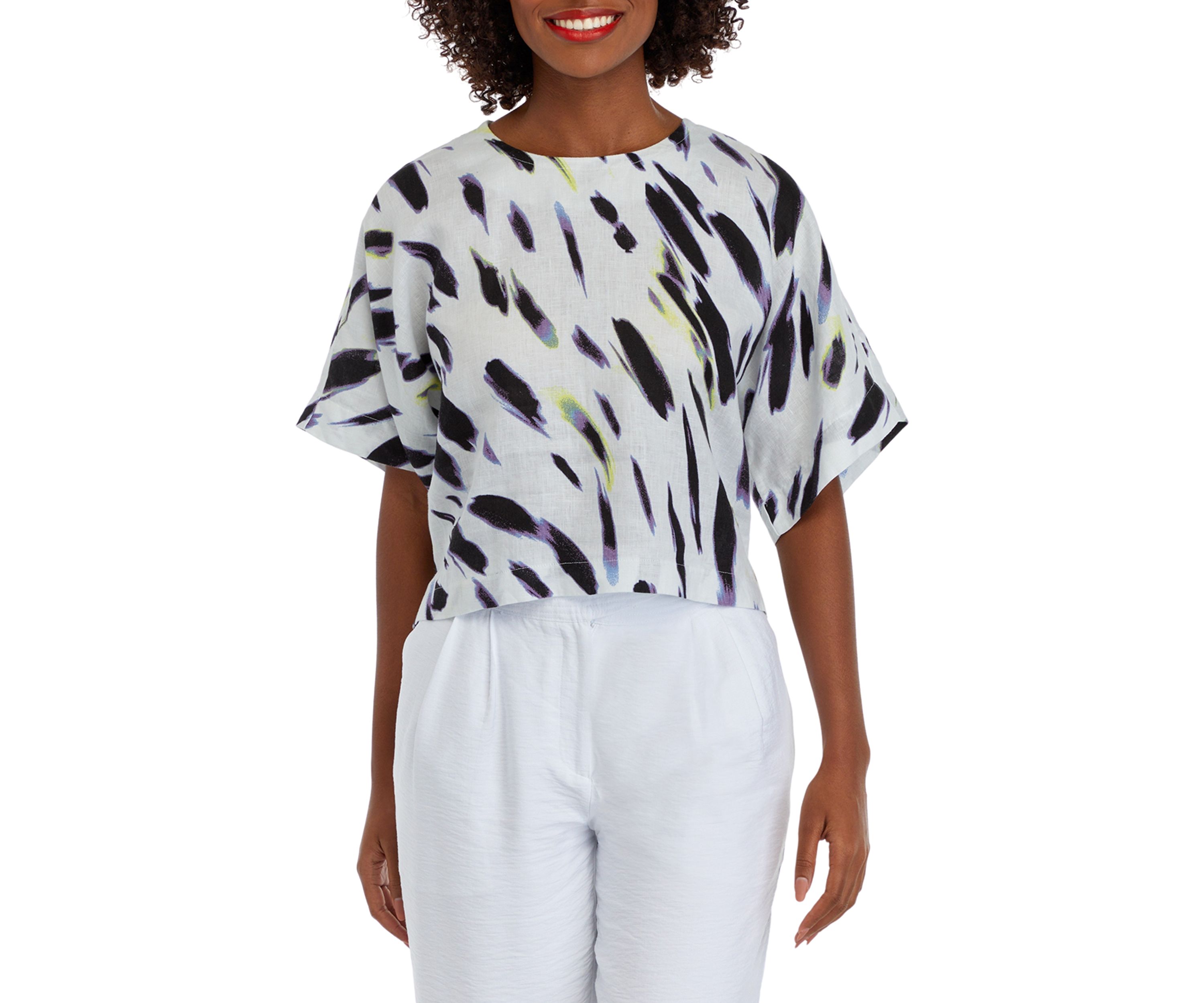 Womens Short Sleeve Smudge Print Linen Popover Top