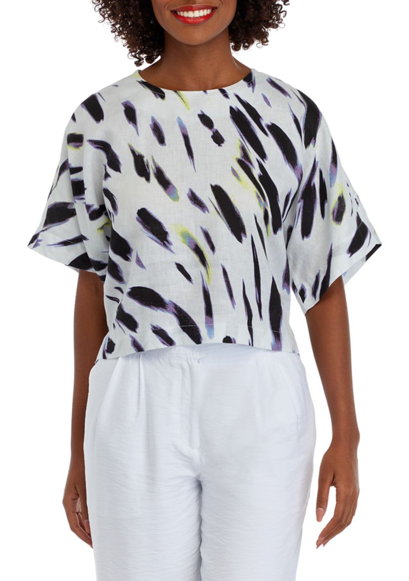 Womens Short Sleeve Smudge Print Linen Popover Top