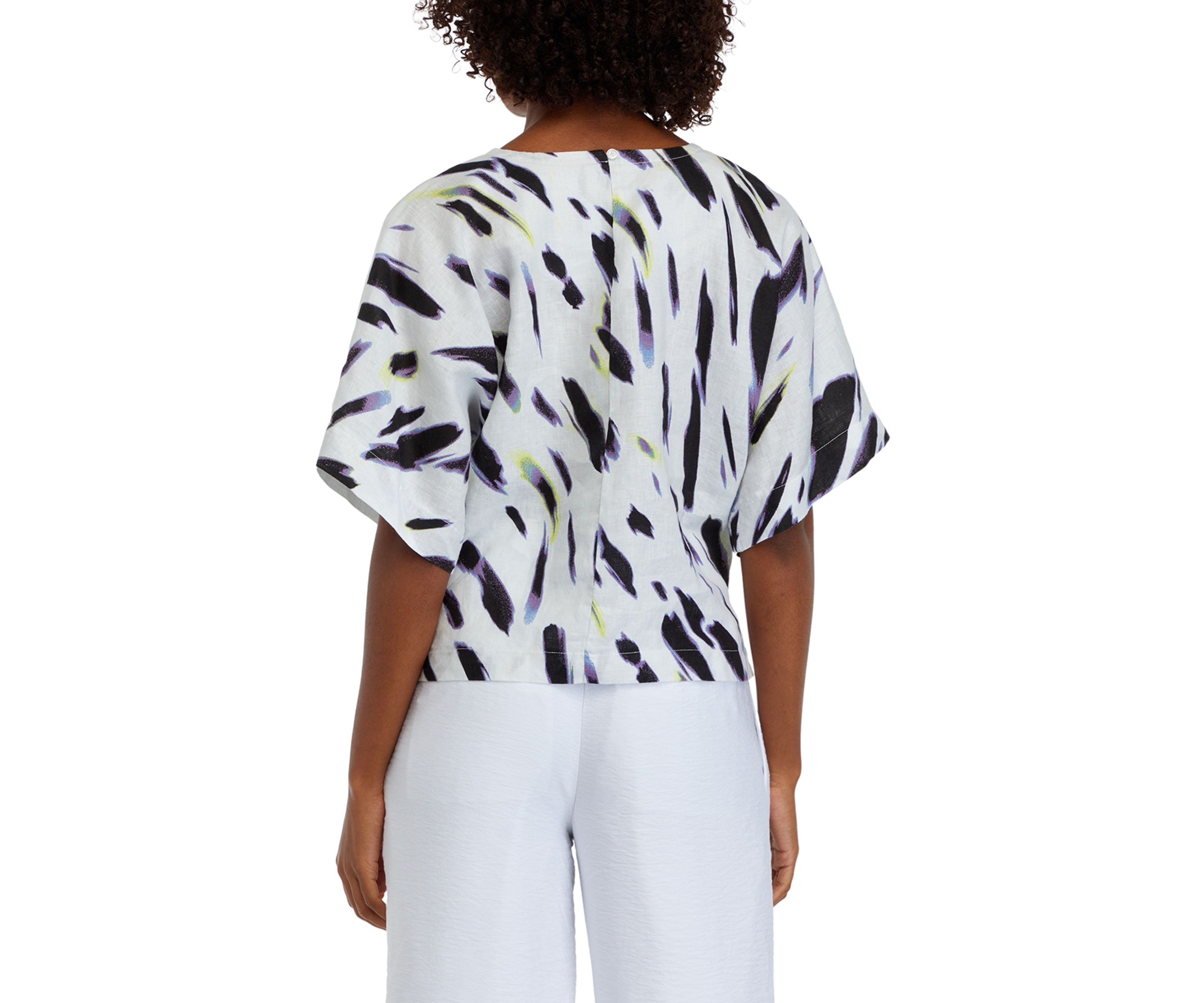 Womens Short Sleeve Smudge Print Linen Popover Top