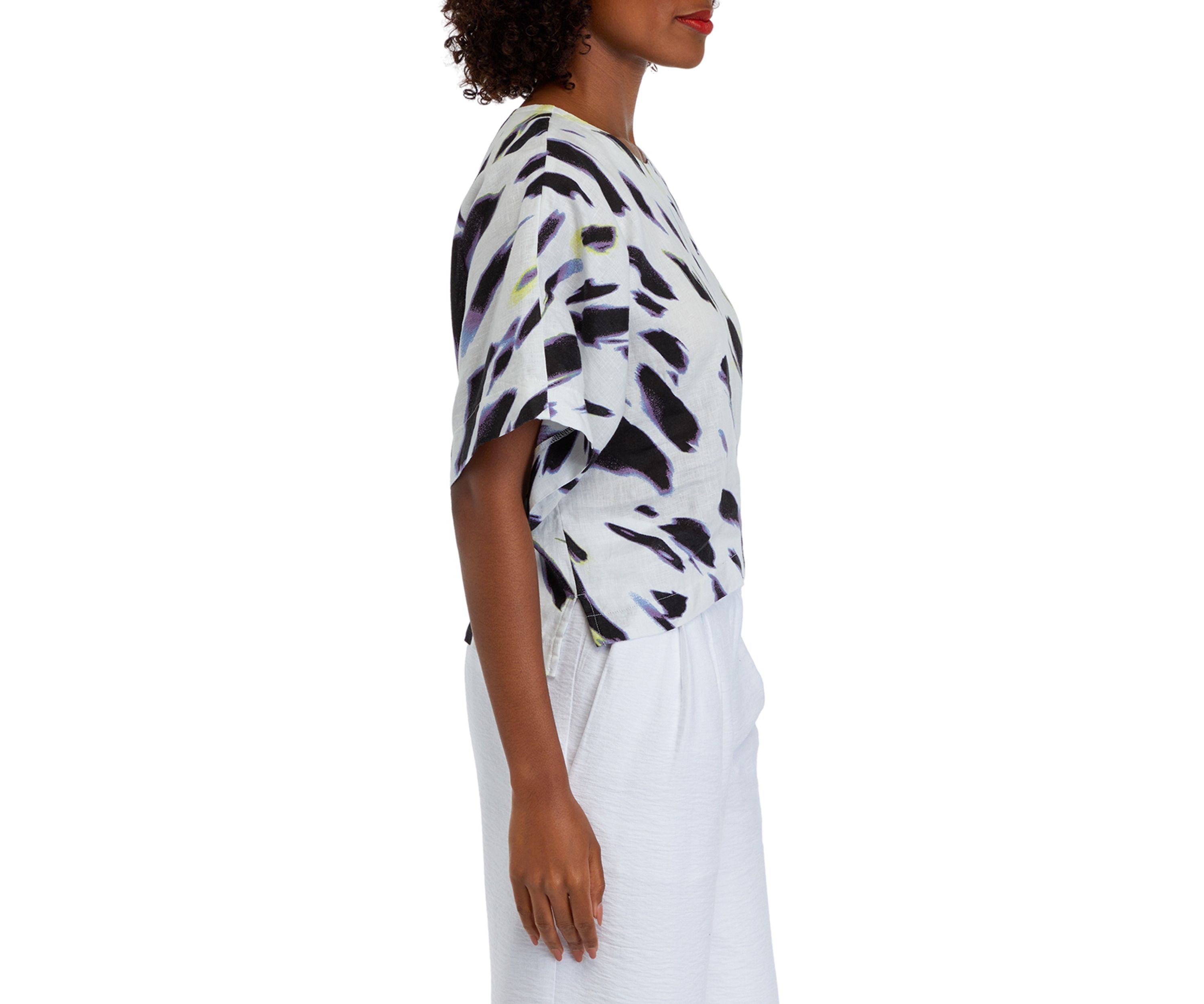 Womens Short Sleeve Smudge Print Linen Popover Top