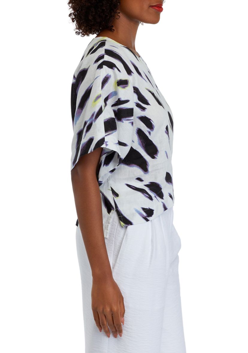 Womens Short Sleeve Smudge Print Linen Popover Top