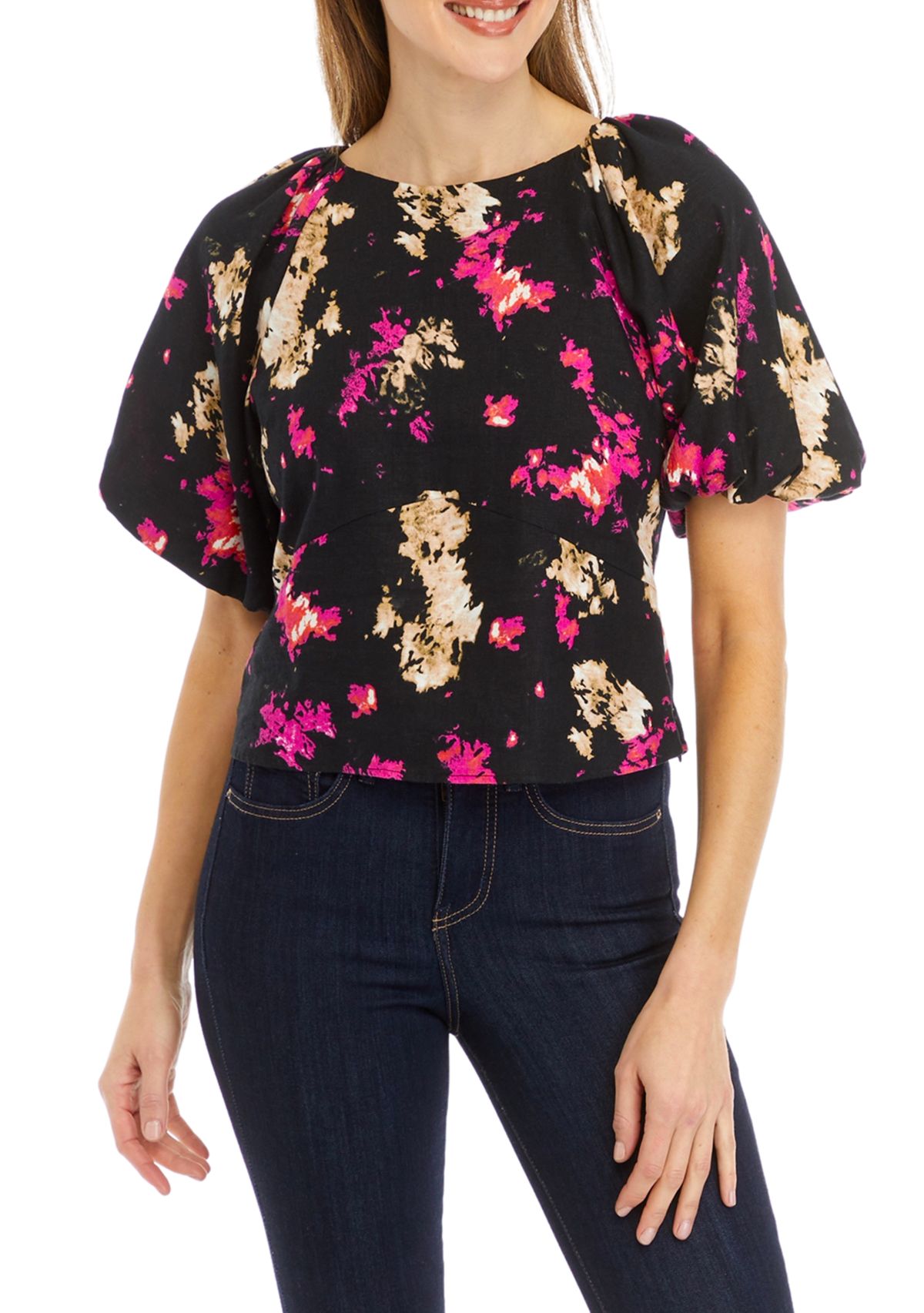 Womens Puff Sleeve Floral Printed Blouse