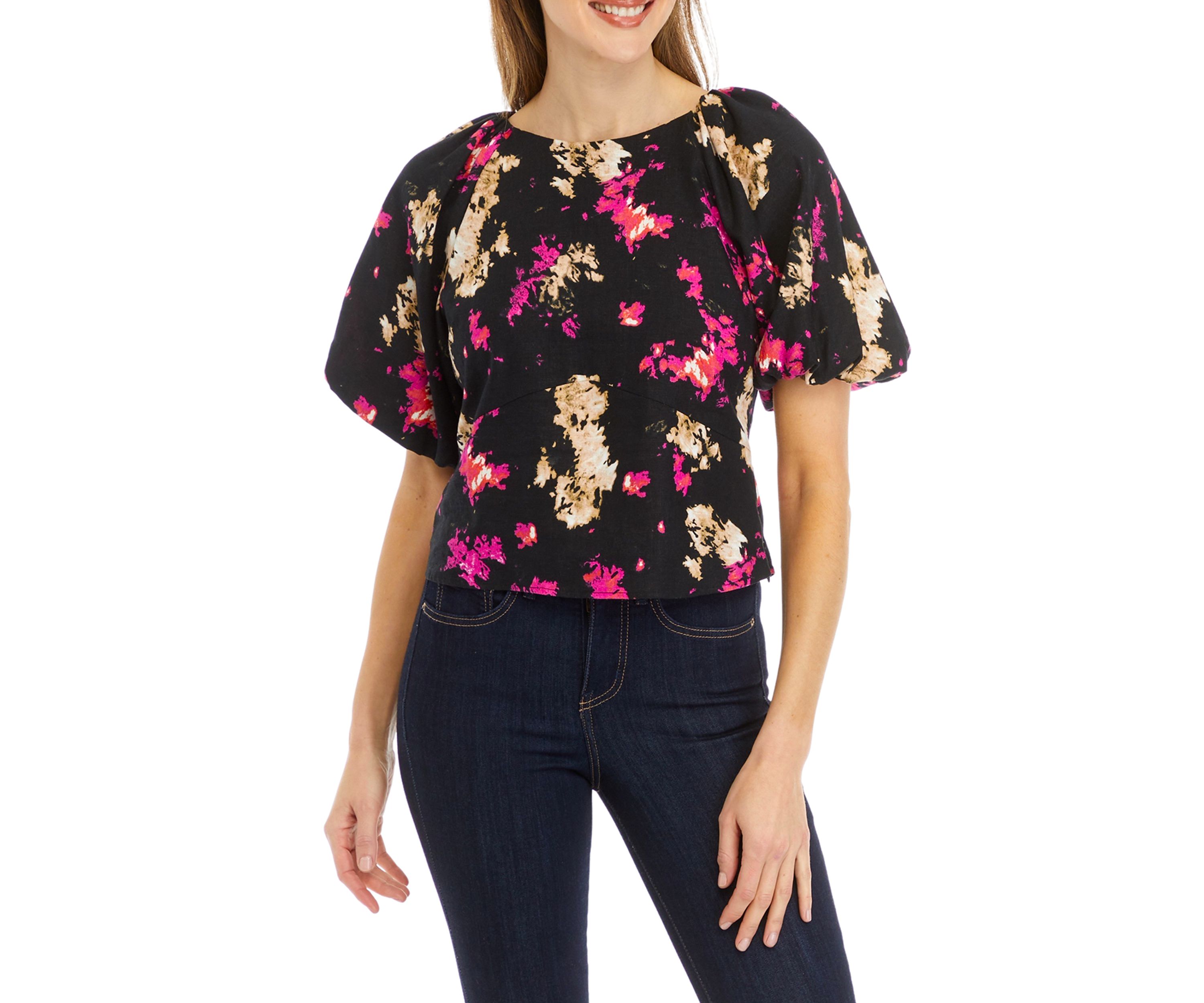 Womens Puff Sleeve Floral Printed Blouse