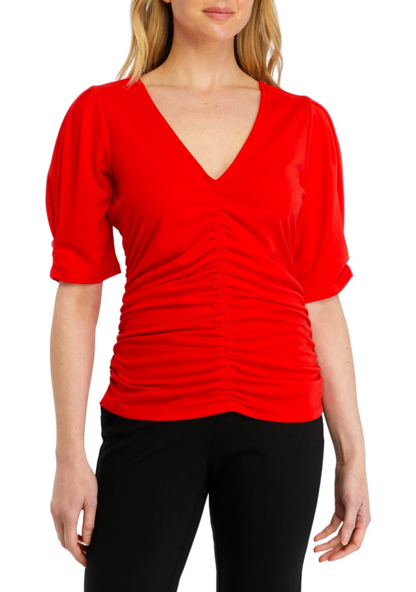 Womens Short Sleeve Ruched Knit Top