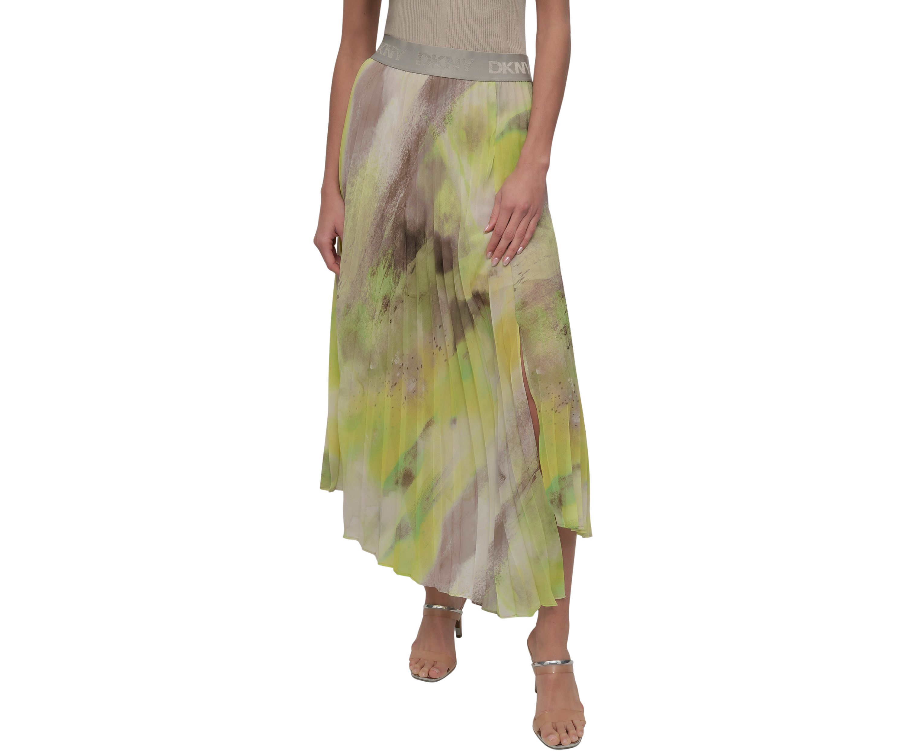 Womens Watercolor Print Asymmetrical Pleated Skirt 