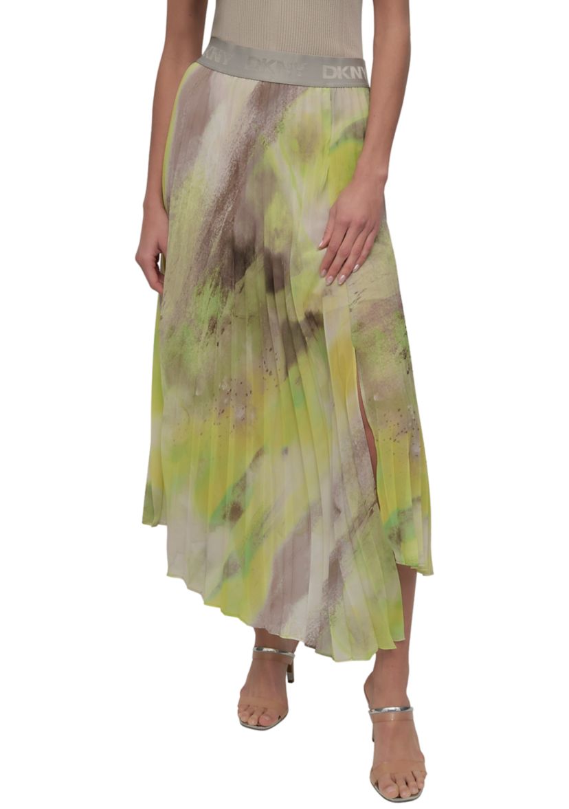 Womens Watercolor Print Asymmetrical Pleated Skirt 