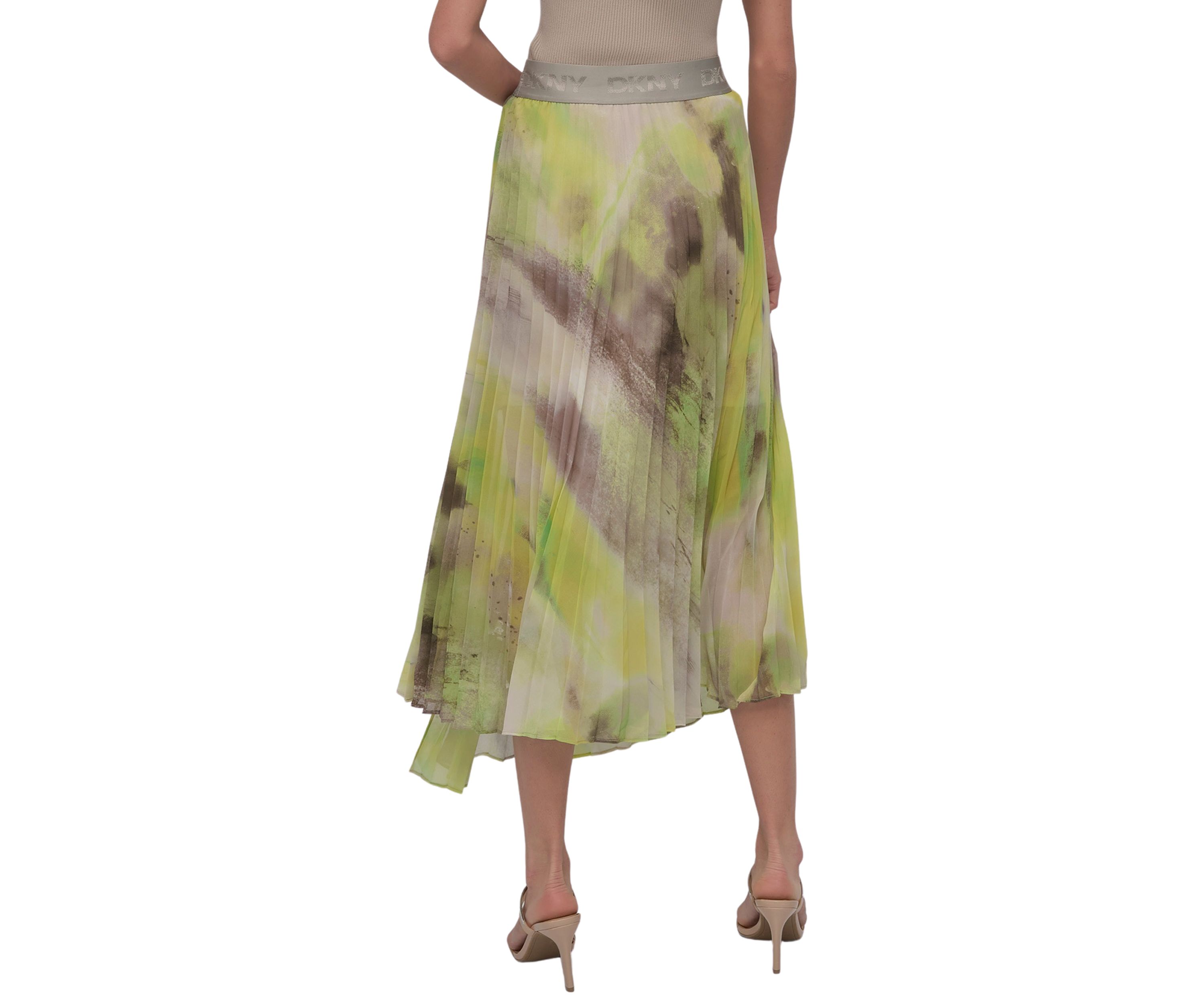 Womens Watercolor Print Asymmetrical Pleated Skirt 