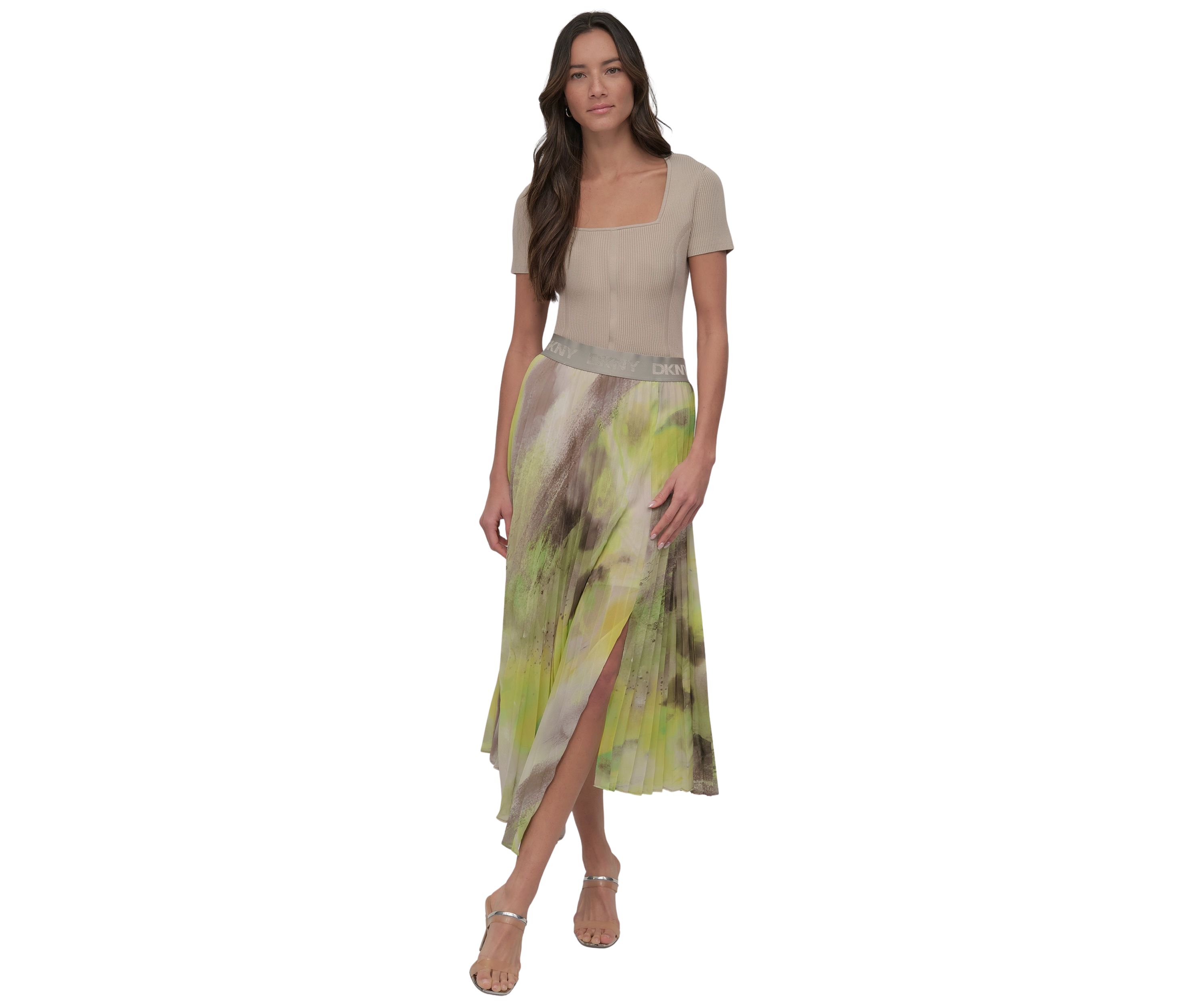 Womens Watercolor Print Asymmetrical Pleated Skirt 