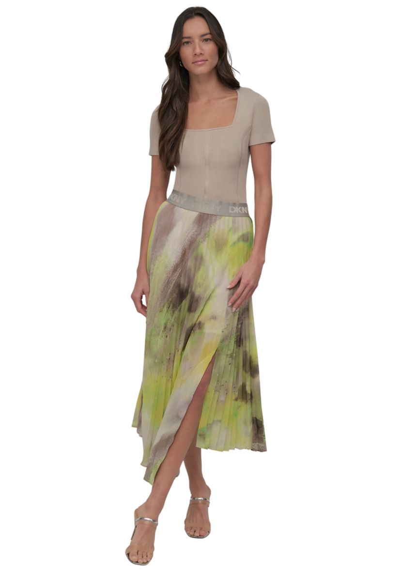 Womens Watercolor Print Asymmetrical Pleated Skirt 