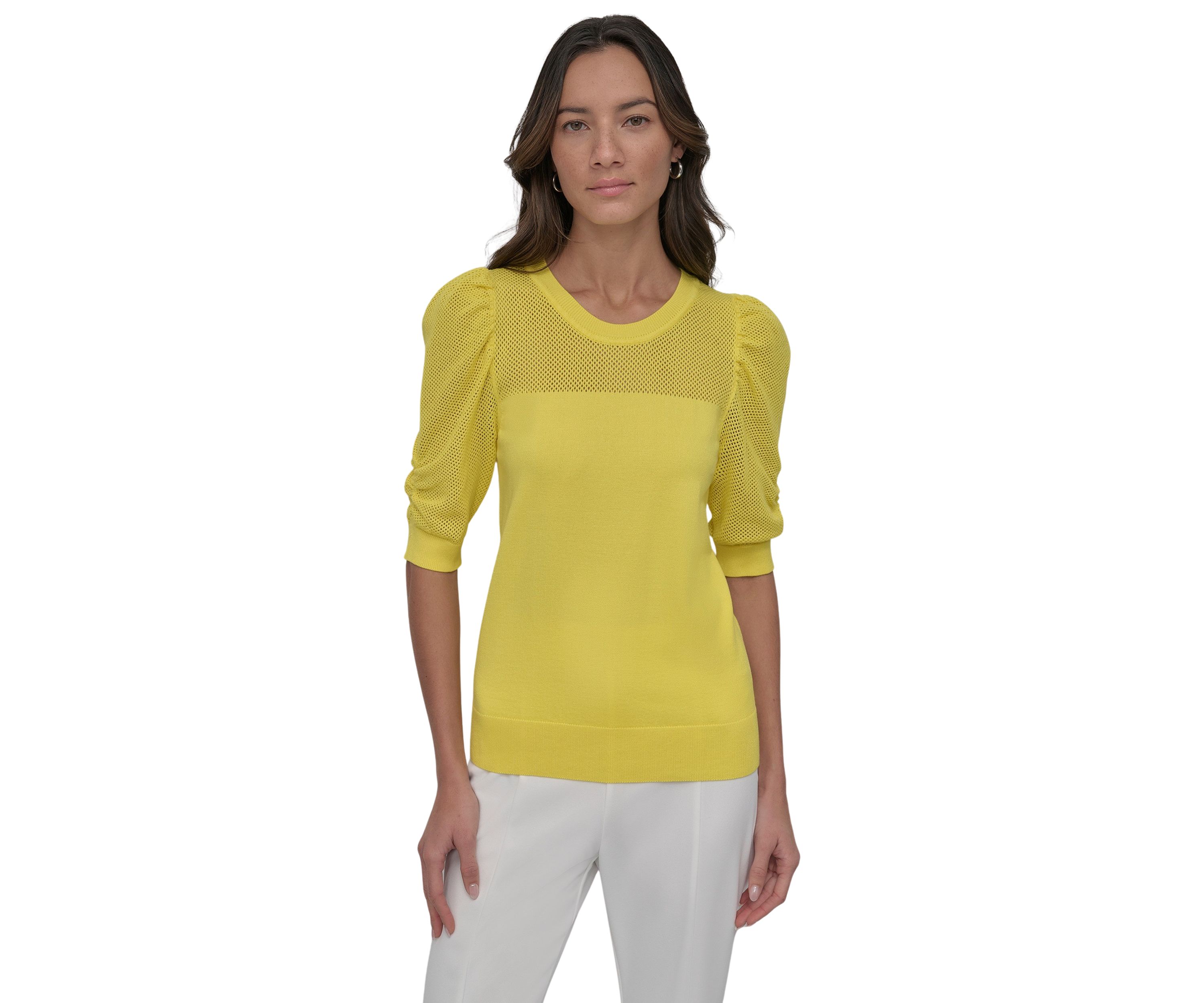 Womens Short Puff Sleeve Pullover Sweater 
