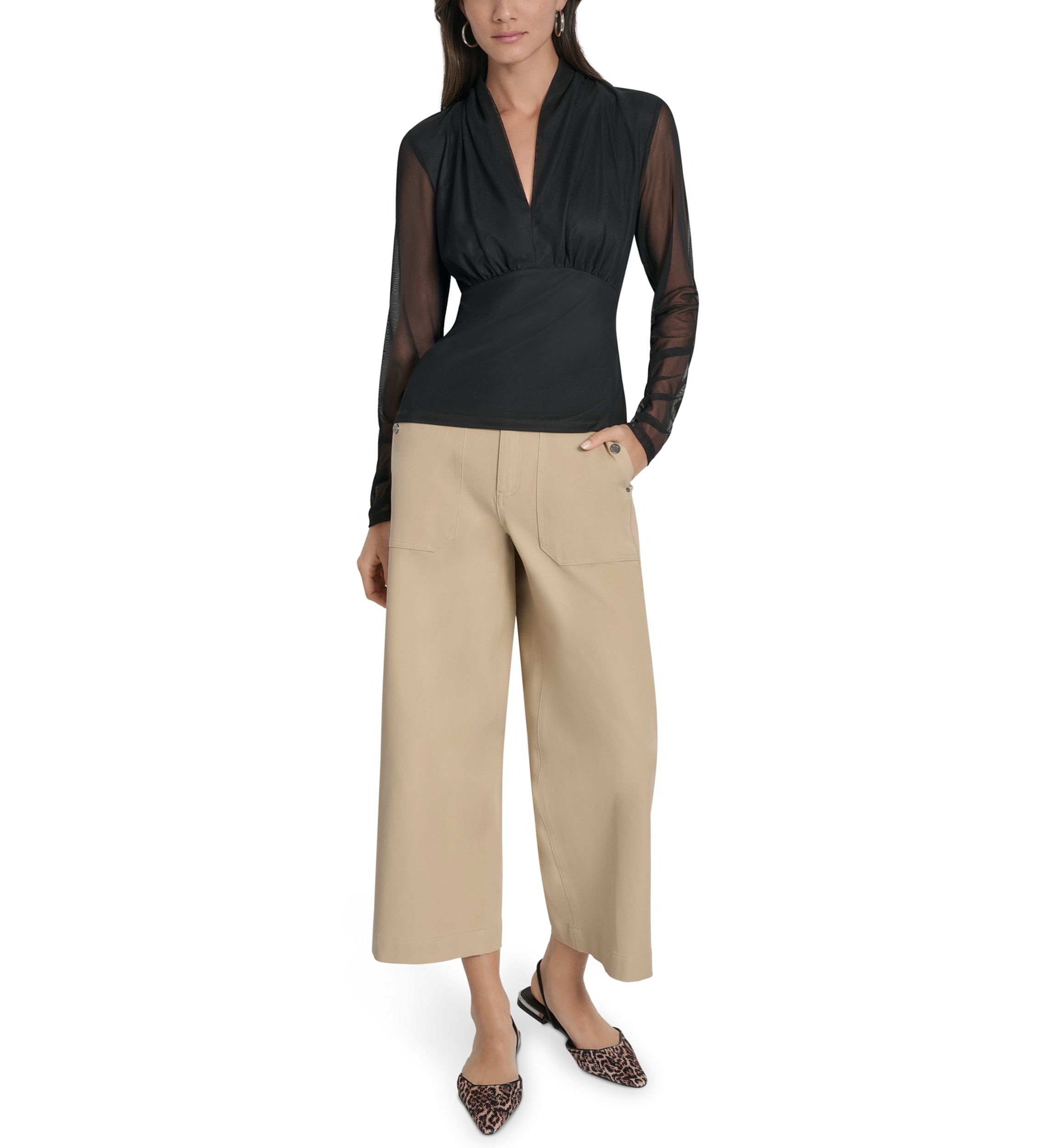 Womens Long Sleeve Pleated V-Neck Mesh Top