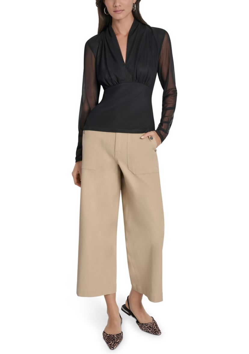 Womens Long Sleeve Pleated V-Neck Mesh Top