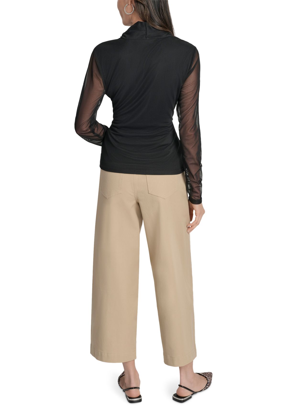 Womens Long Sleeve Pleated V-Neck Mesh Top