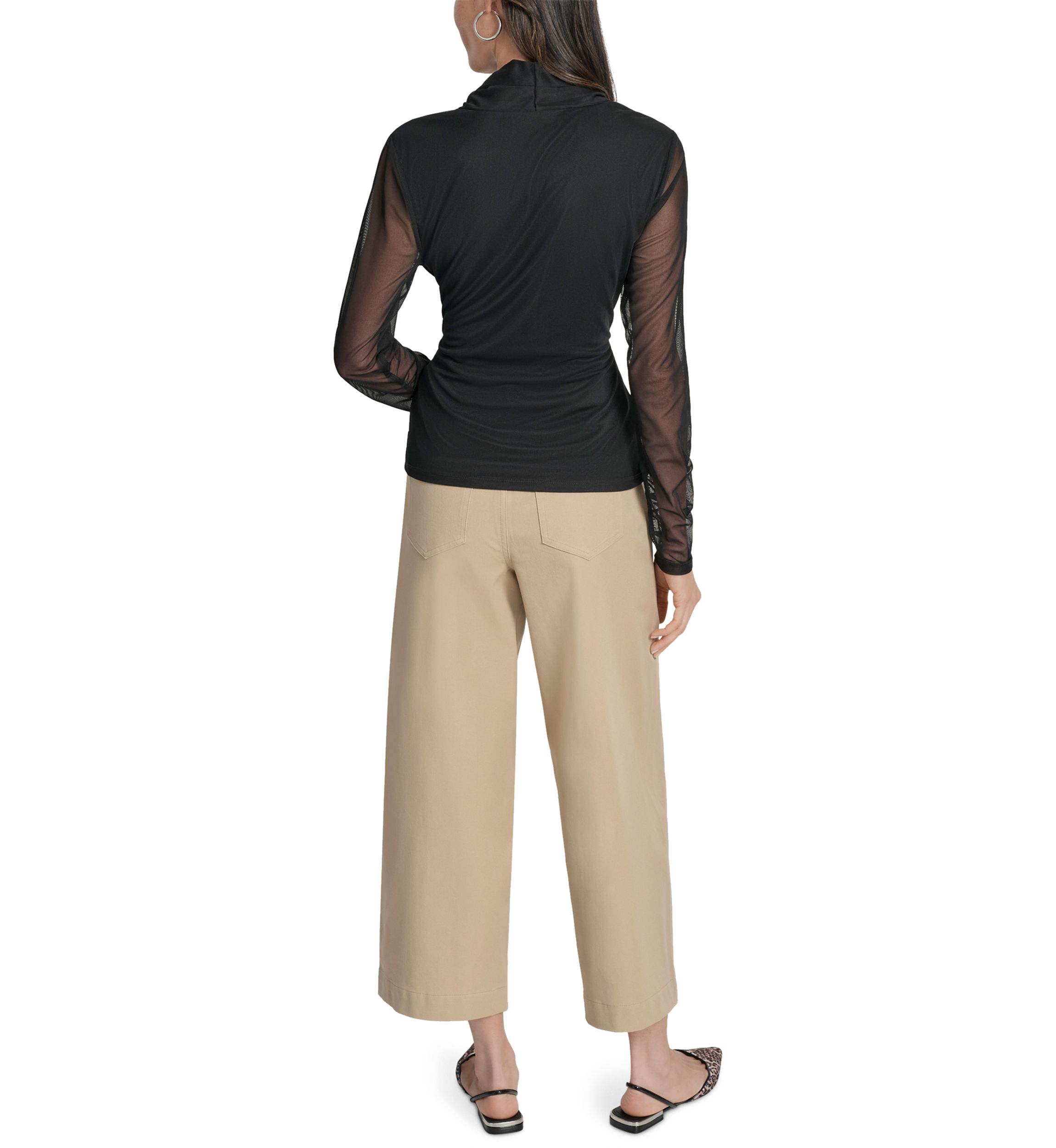 Womens Long Sleeve Pleated V-Neck Mesh Top