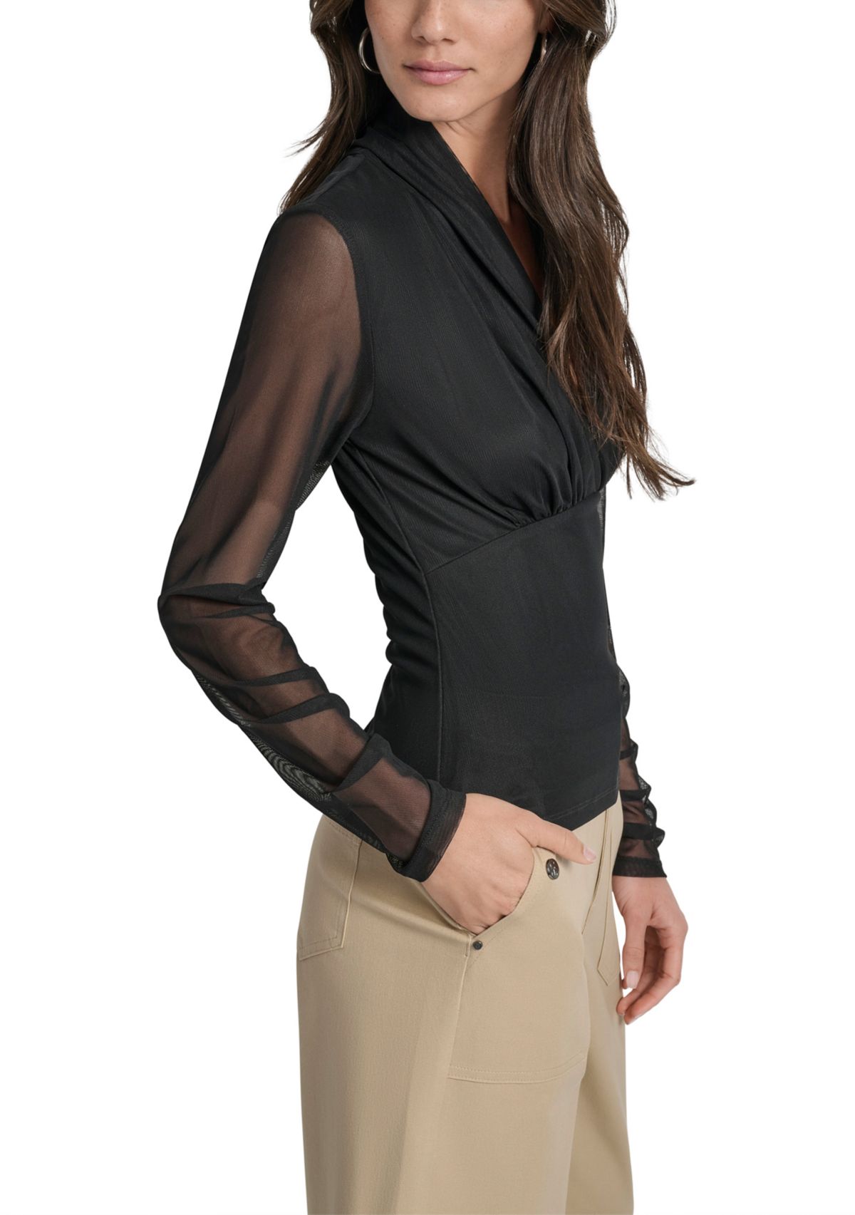 Womens Long Sleeve Pleated V-Neck Mesh Top