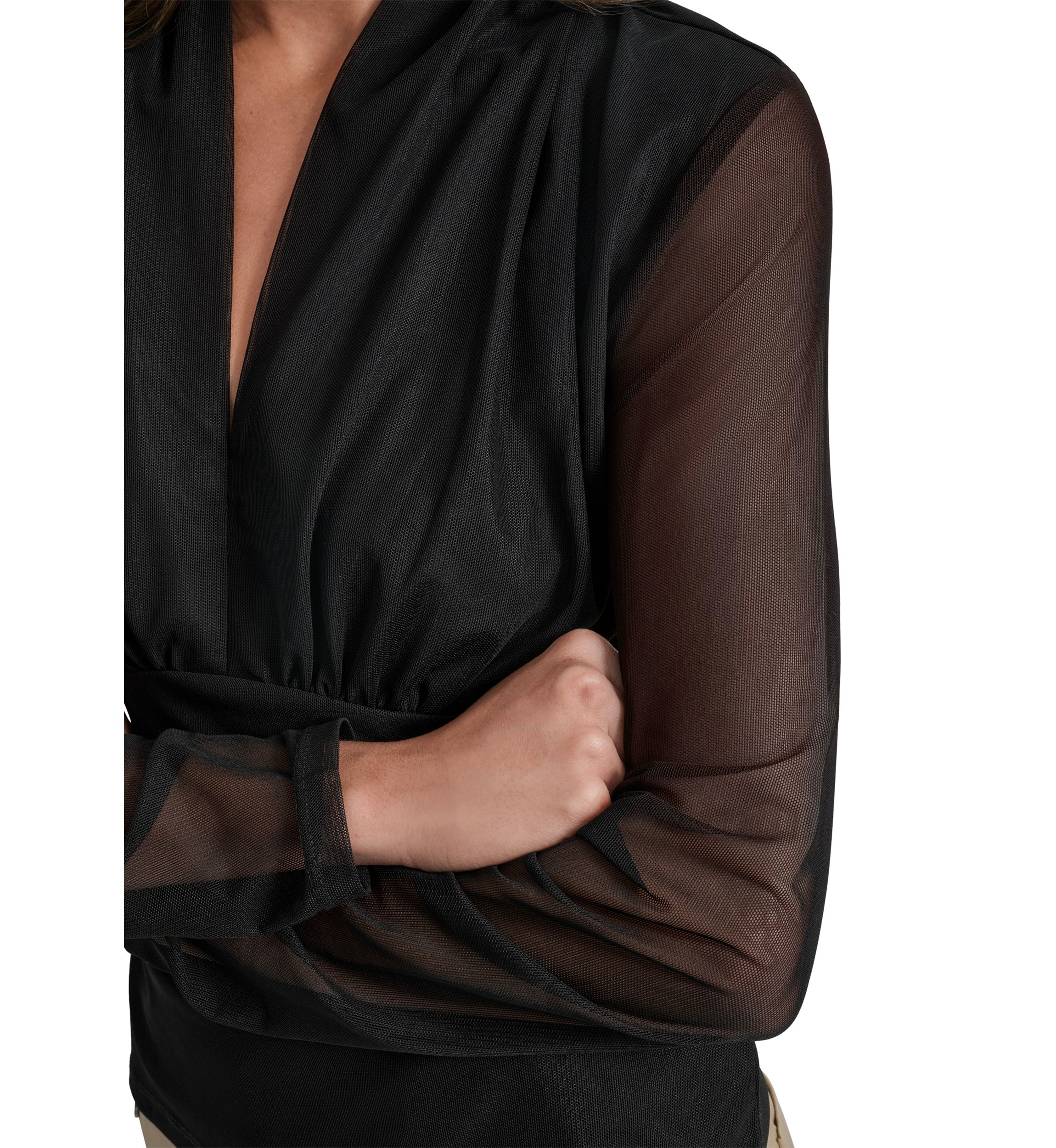 Womens Long Sleeve Pleated V-Neck Mesh Top