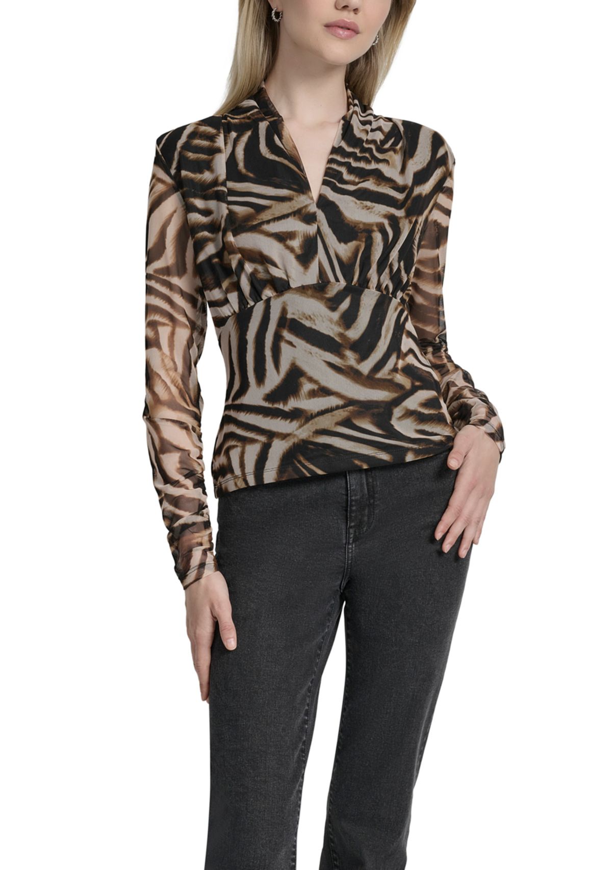 Womens Printed Pleated Mesh V-Neck Blouse