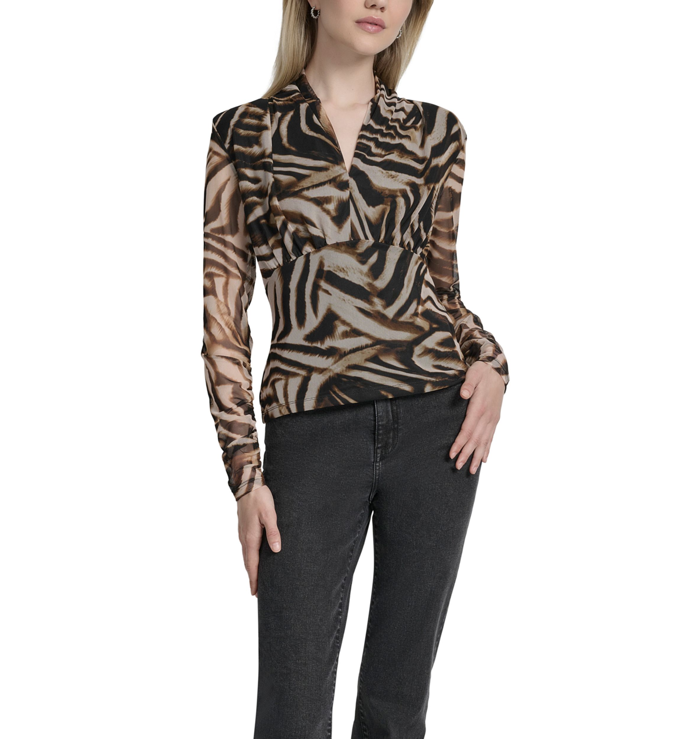 Womens Printed Pleated Mesh V-Neck Blouse