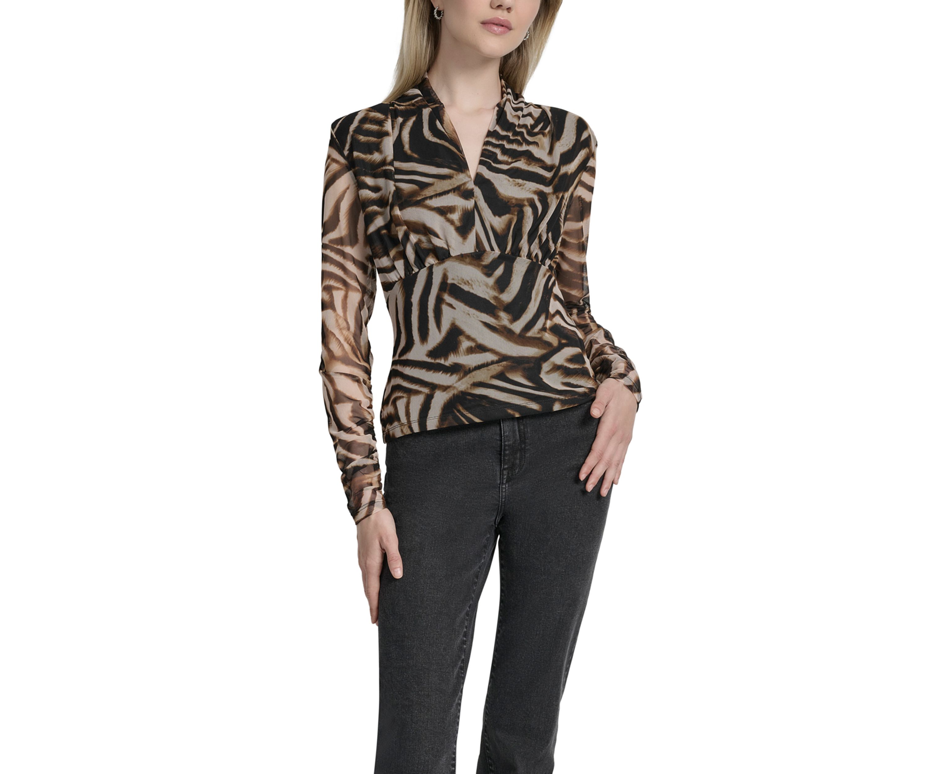 Womens Printed Pleated Mesh V-Neck Blouse