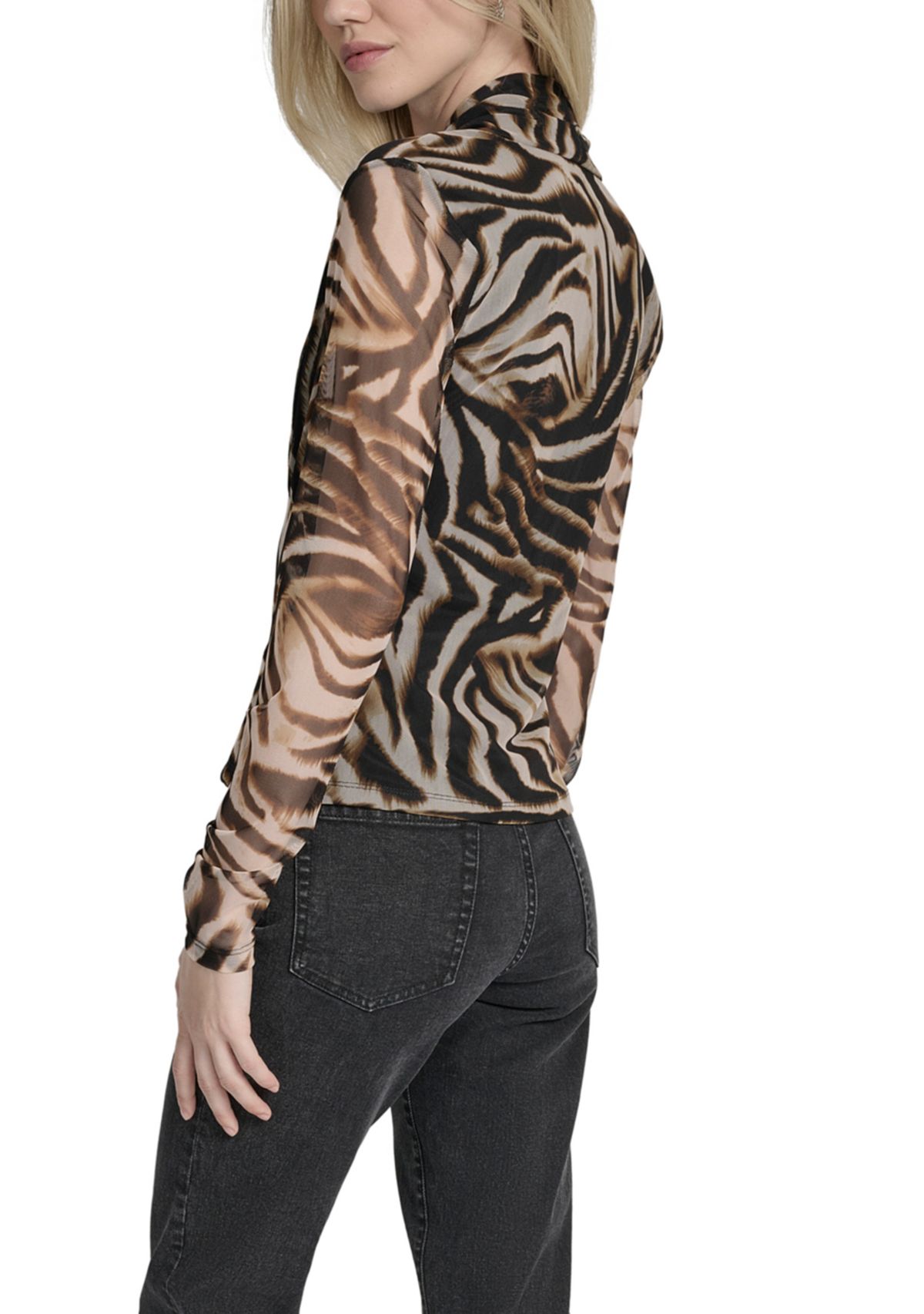 Womens Printed Pleated Mesh V-Neck Blouse