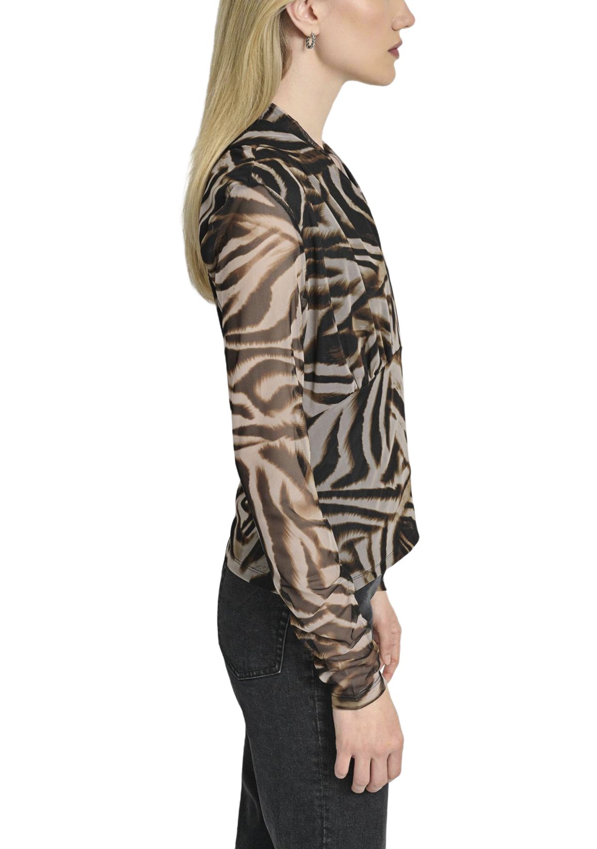 Womens Printed Pleated Mesh V-Neck Blouse