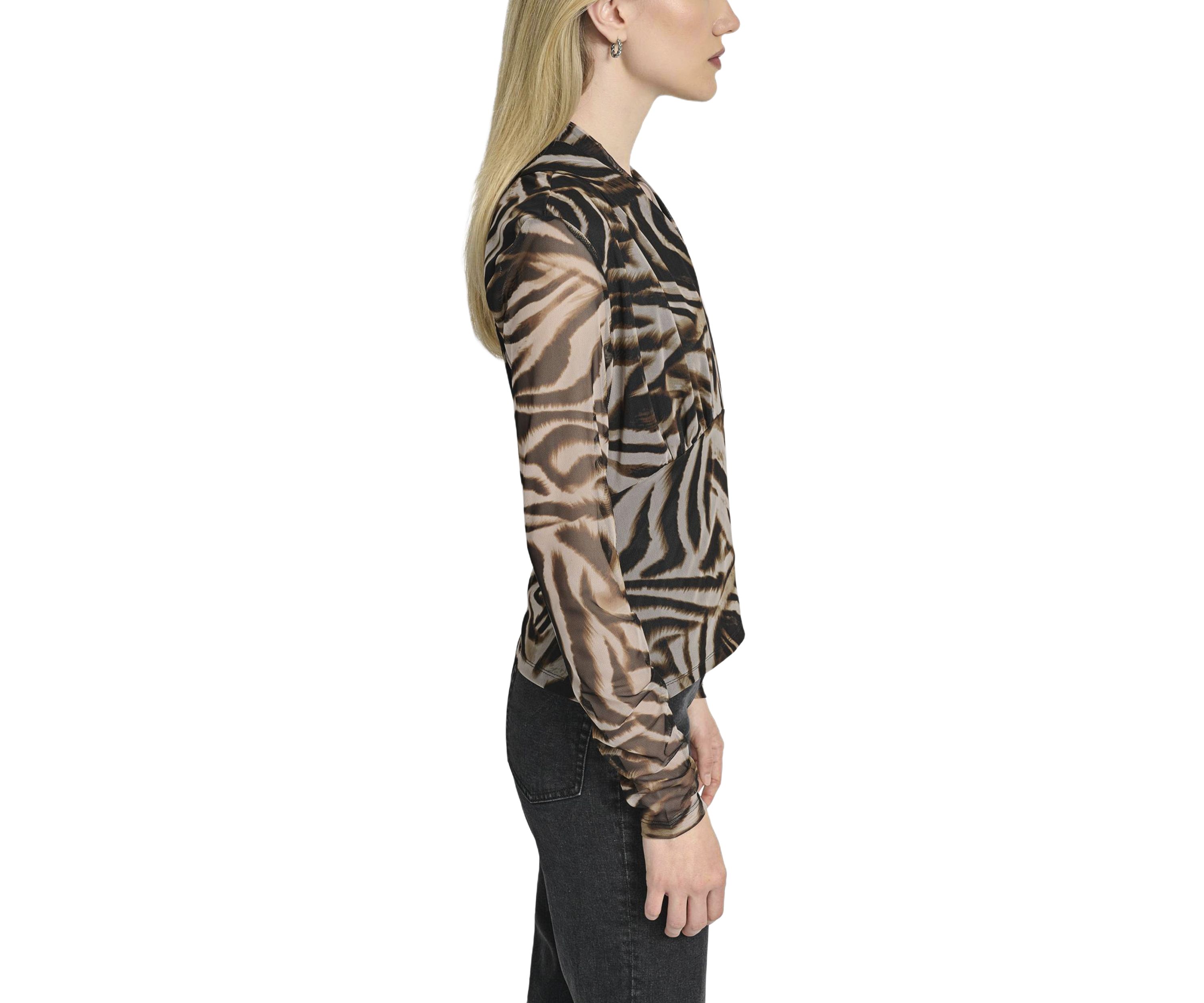 Womens Printed Pleated Mesh V-Neck Blouse