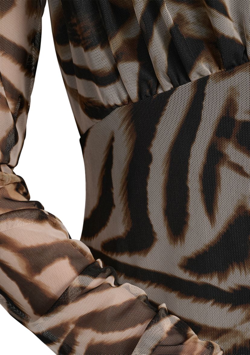 Womens Printed Pleated Mesh V-Neck Blouse