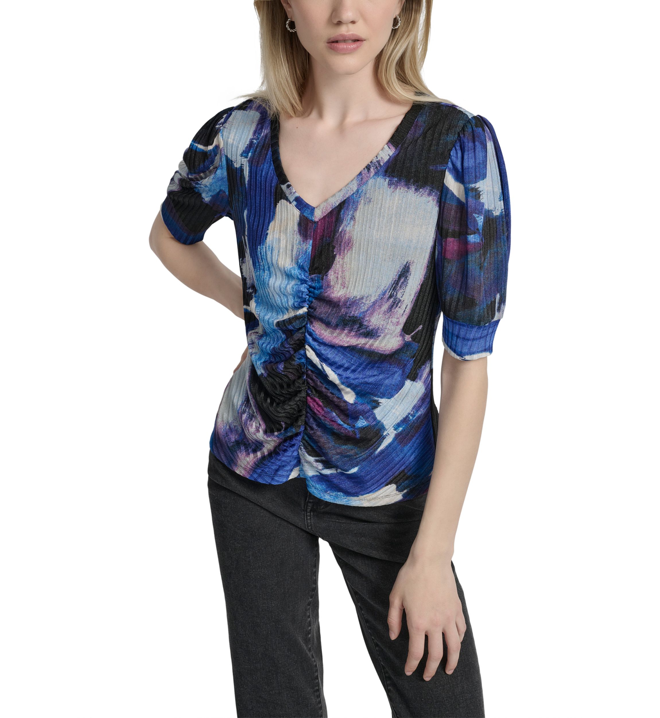 Womens Short Sleeve V-Neck Ruch Brushstroke Print Knit Top