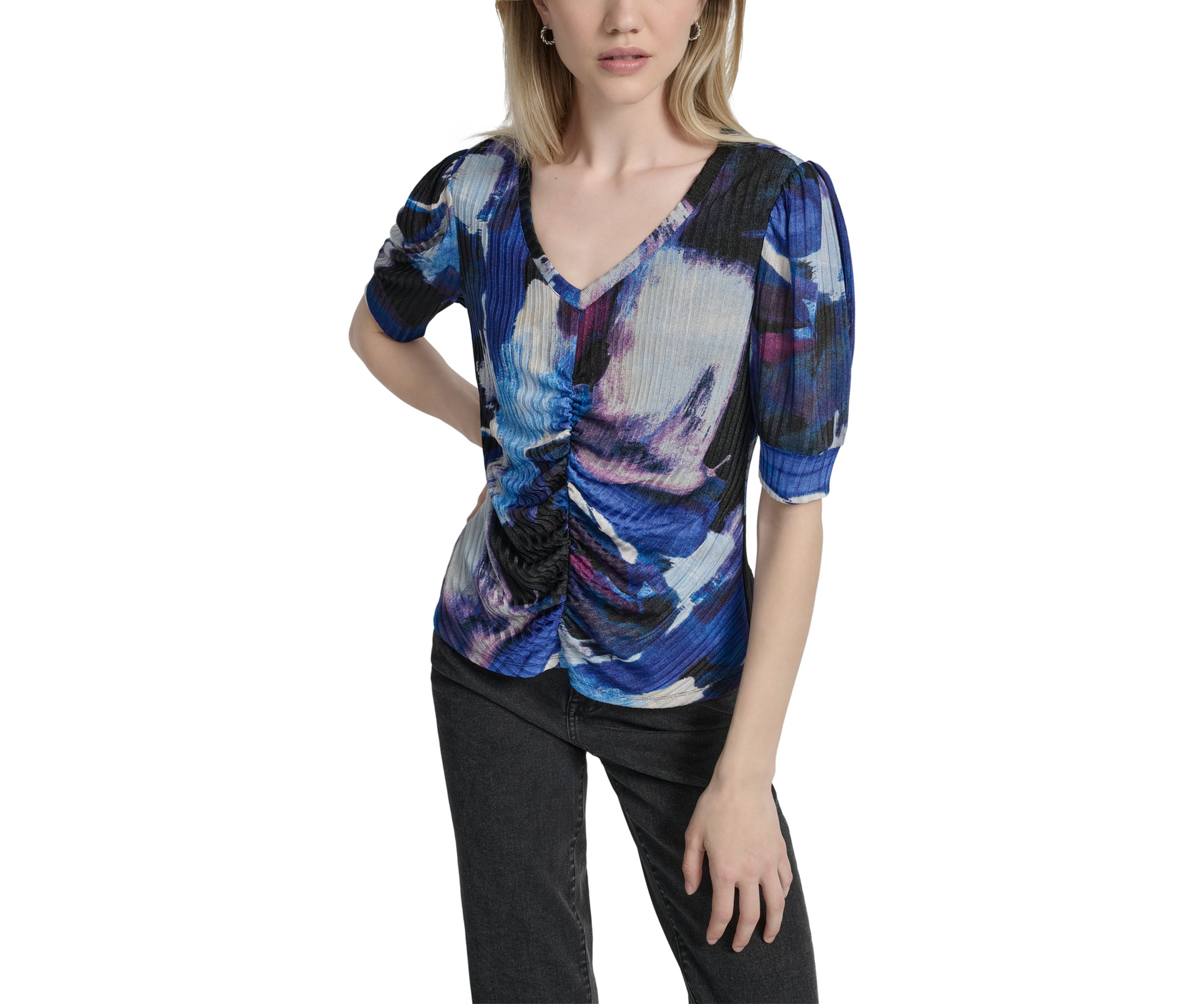 Womens Short Sleeve V-Neck Ruch Brushstroke Print Knit Top