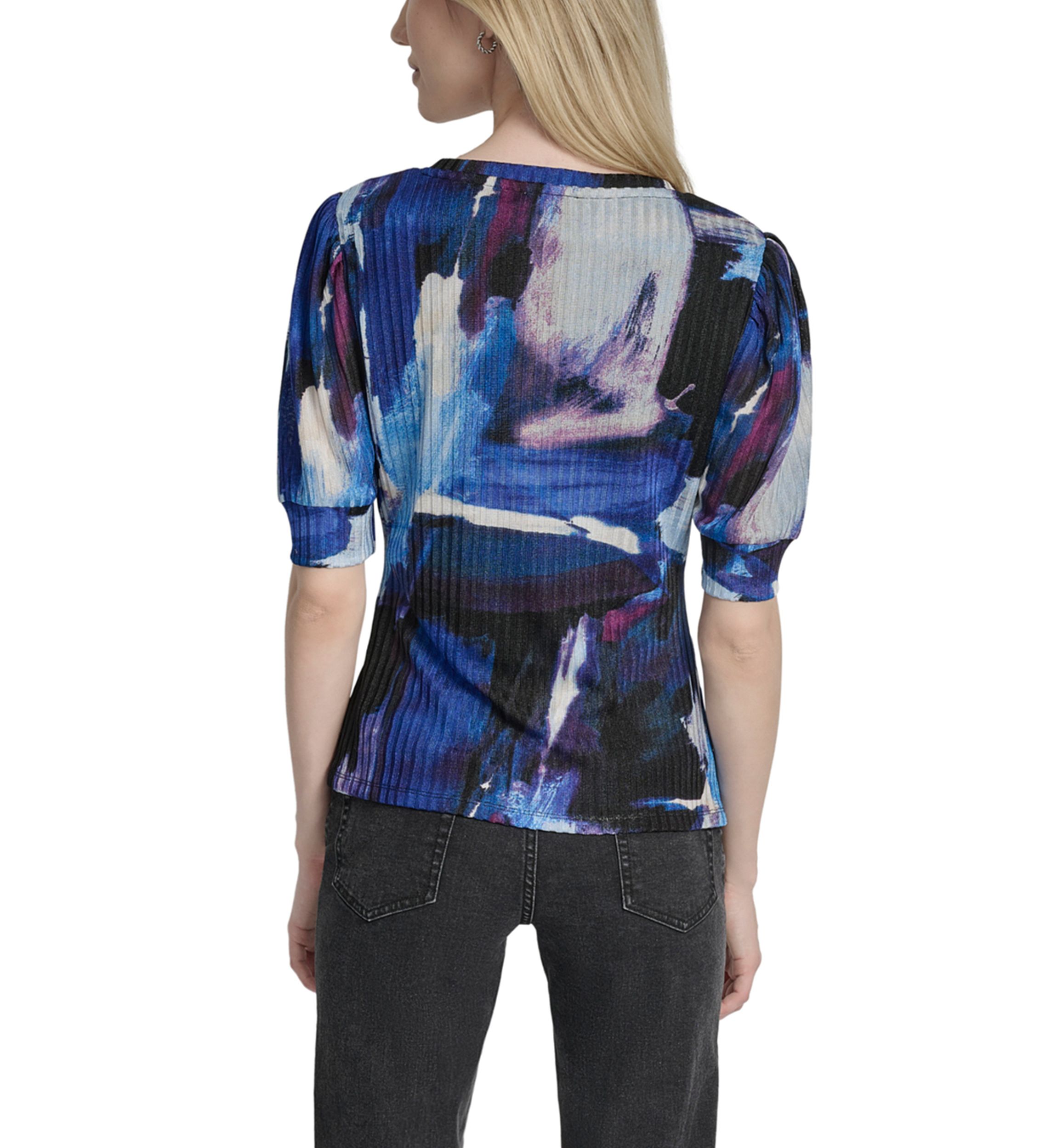 Womens Short Sleeve V-Neck Ruch Brushstroke Print Knit Top