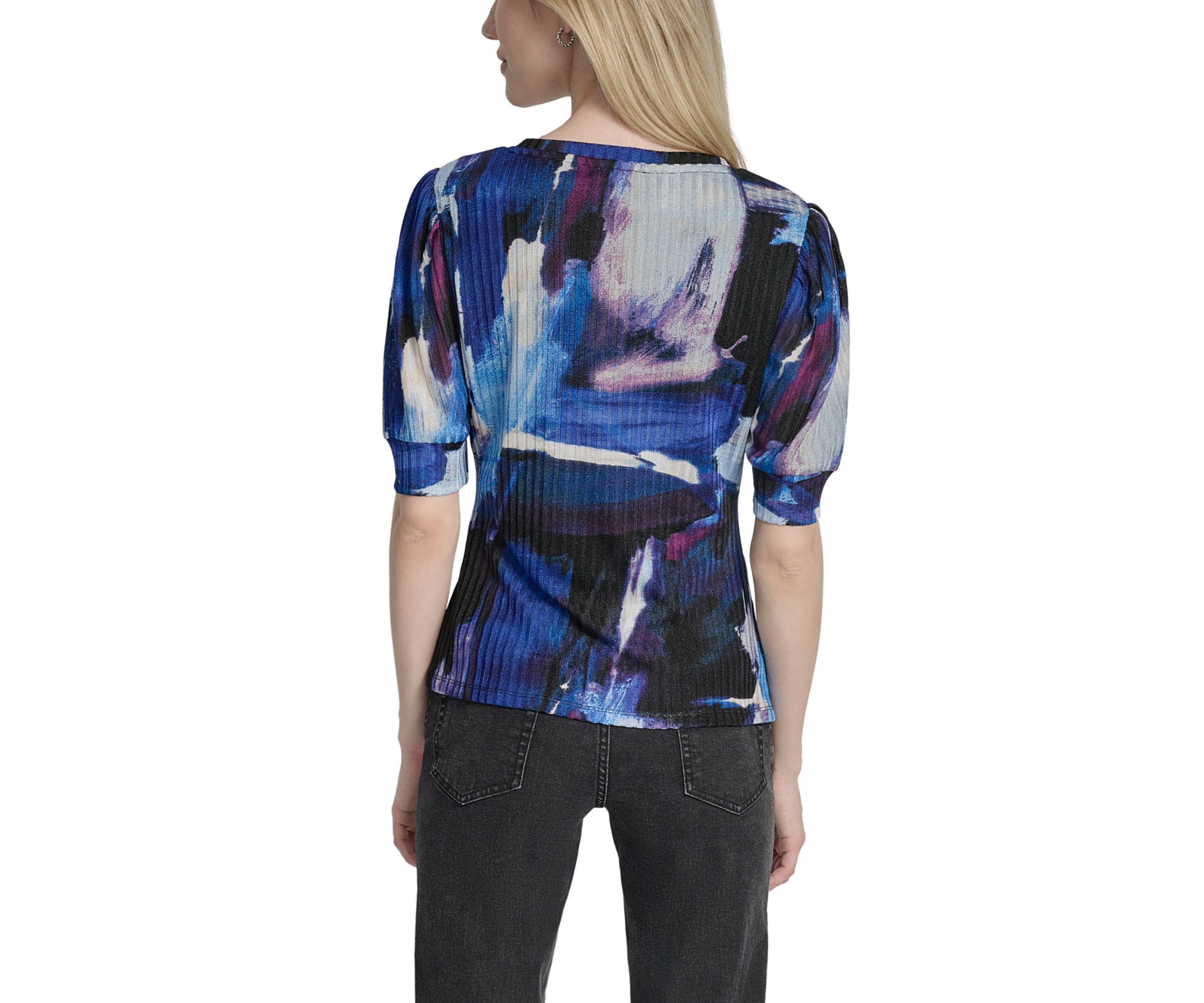 Womens Short Sleeve V-Neck Ruch Brushstroke Print Knit Top