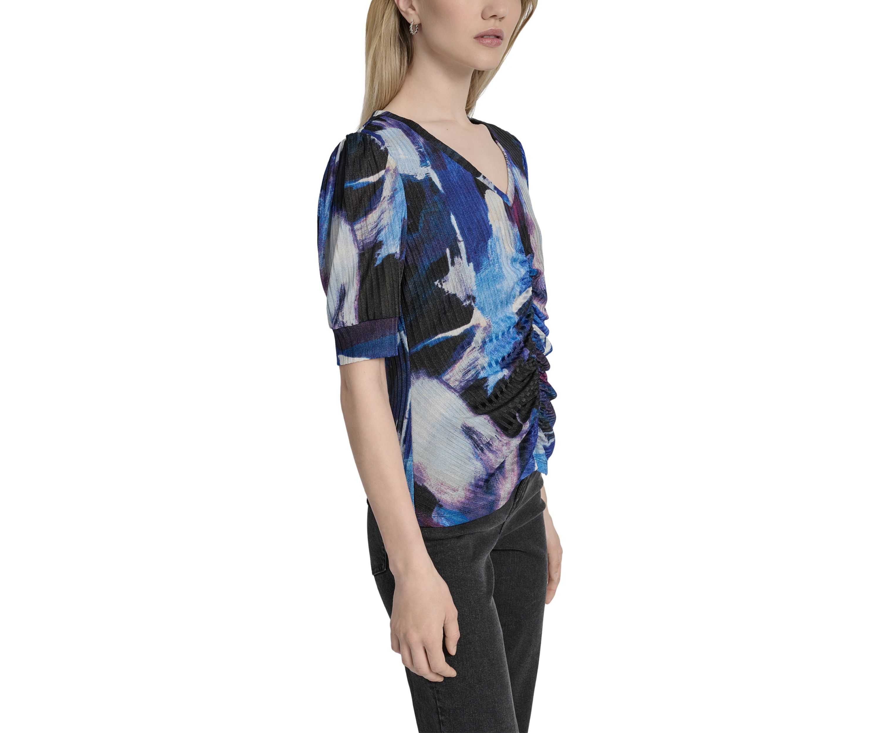Womens Short Sleeve V-Neck Ruch Brushstroke Print Knit Top