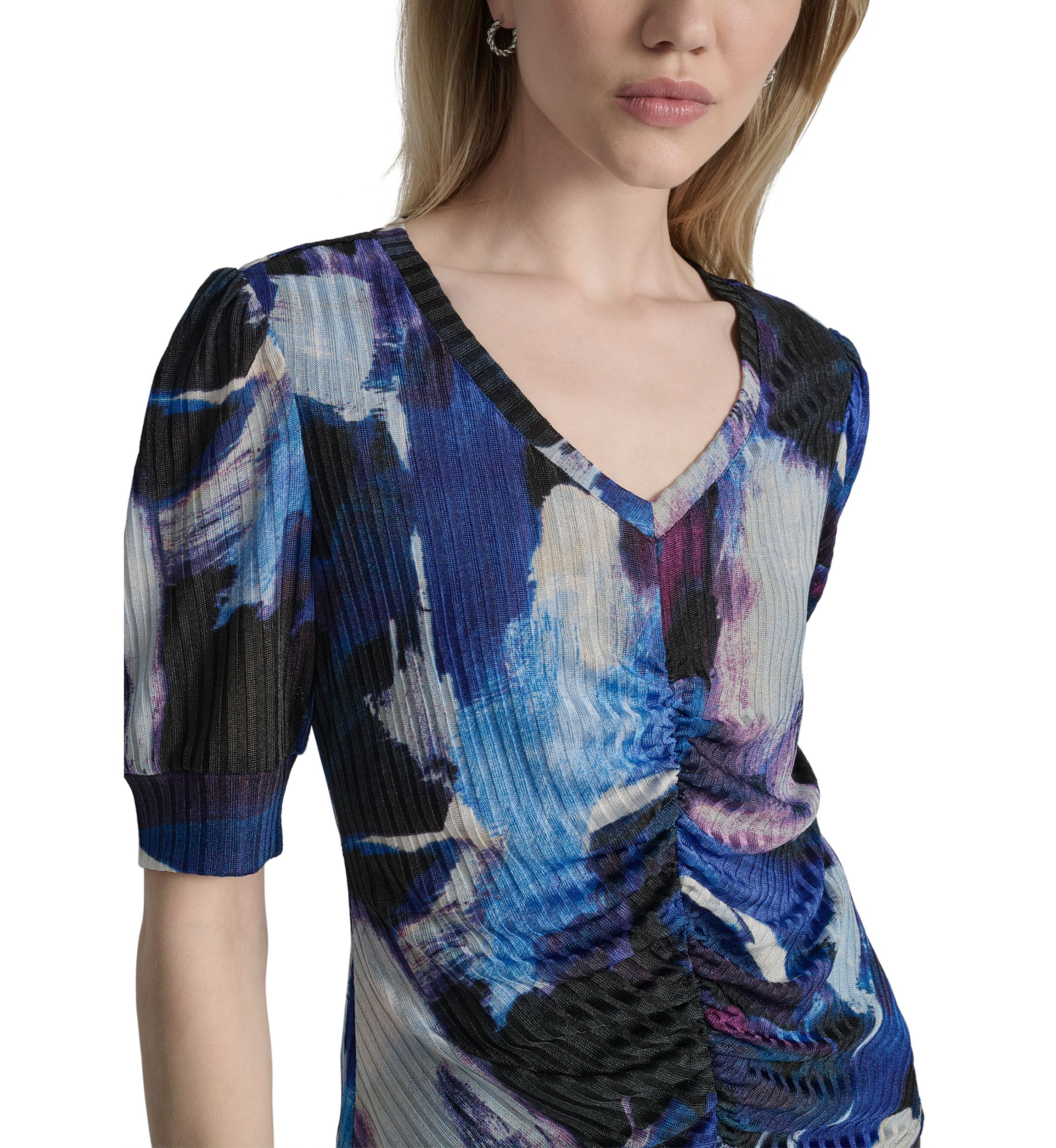 Womens Short Sleeve V-Neck Ruch Brushstroke Print Knit Top