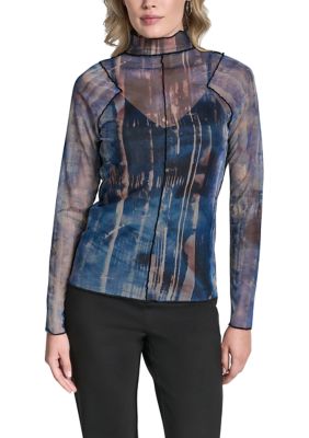 DKNY Women's Long Sleeve Printed Mesh Top