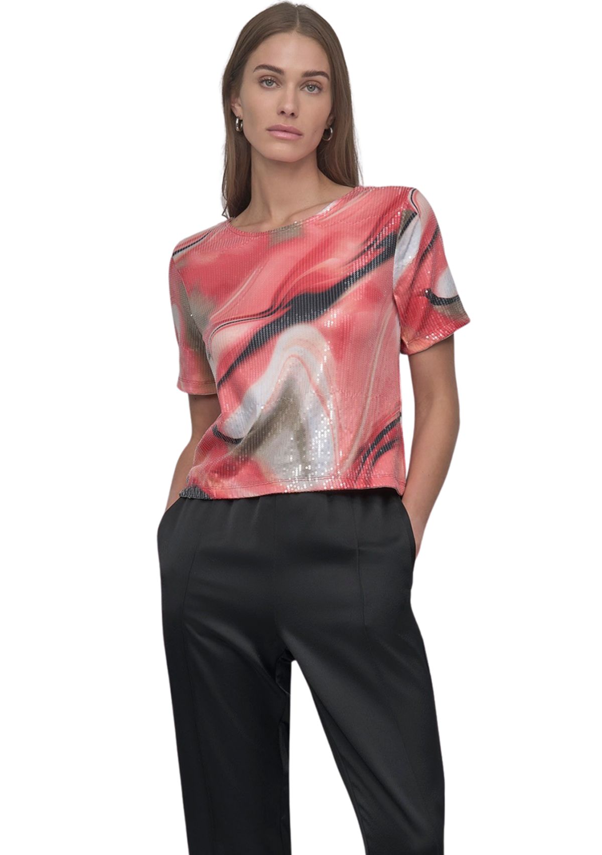 Womens Marble Printed Sequin T-Shirt