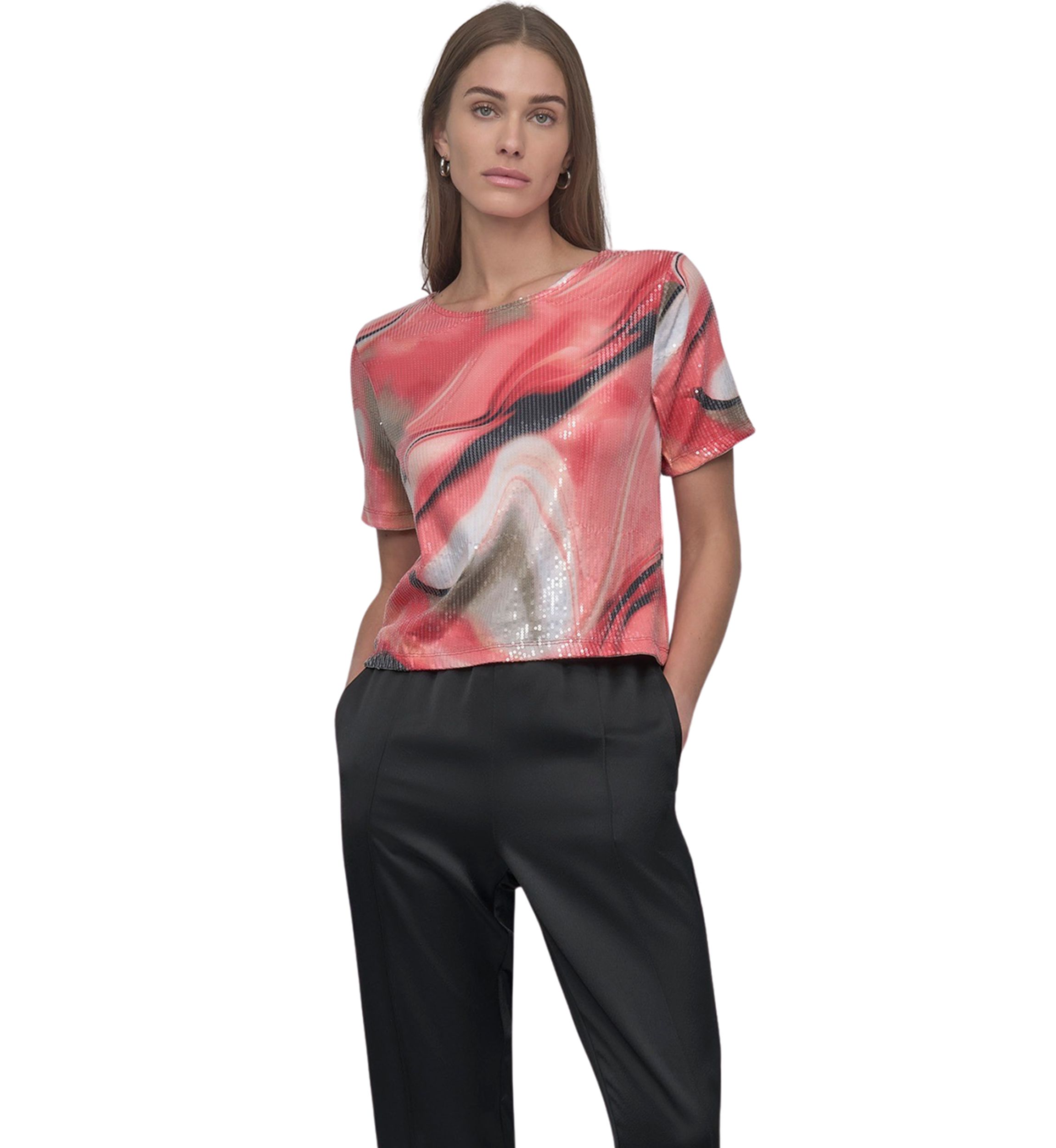 Womens Marble Printed Sequin T-Shirt