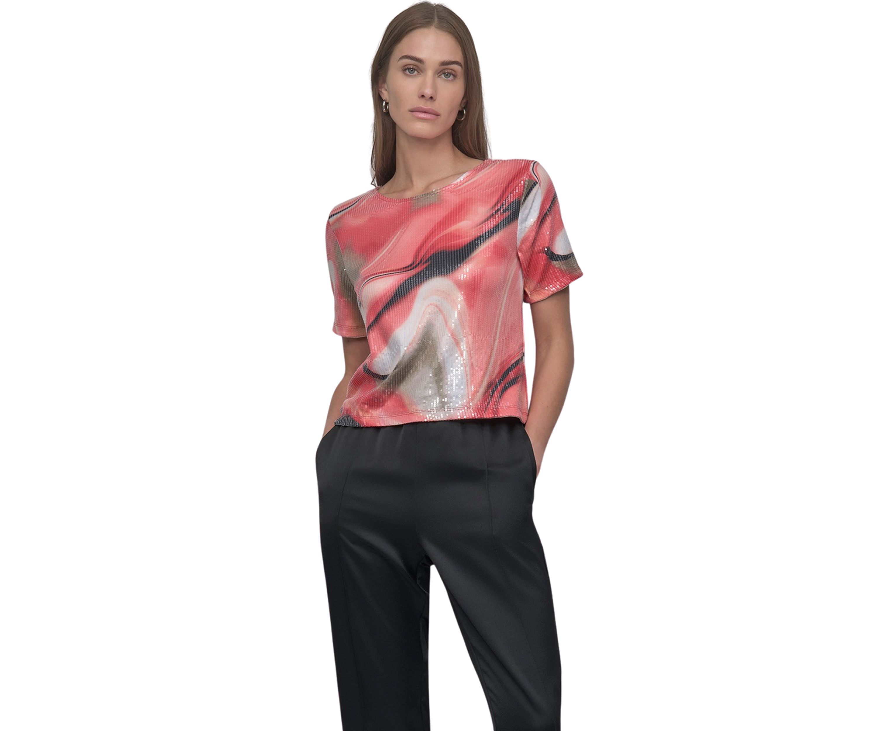 Womens Marble Printed Sequin T-Shirt