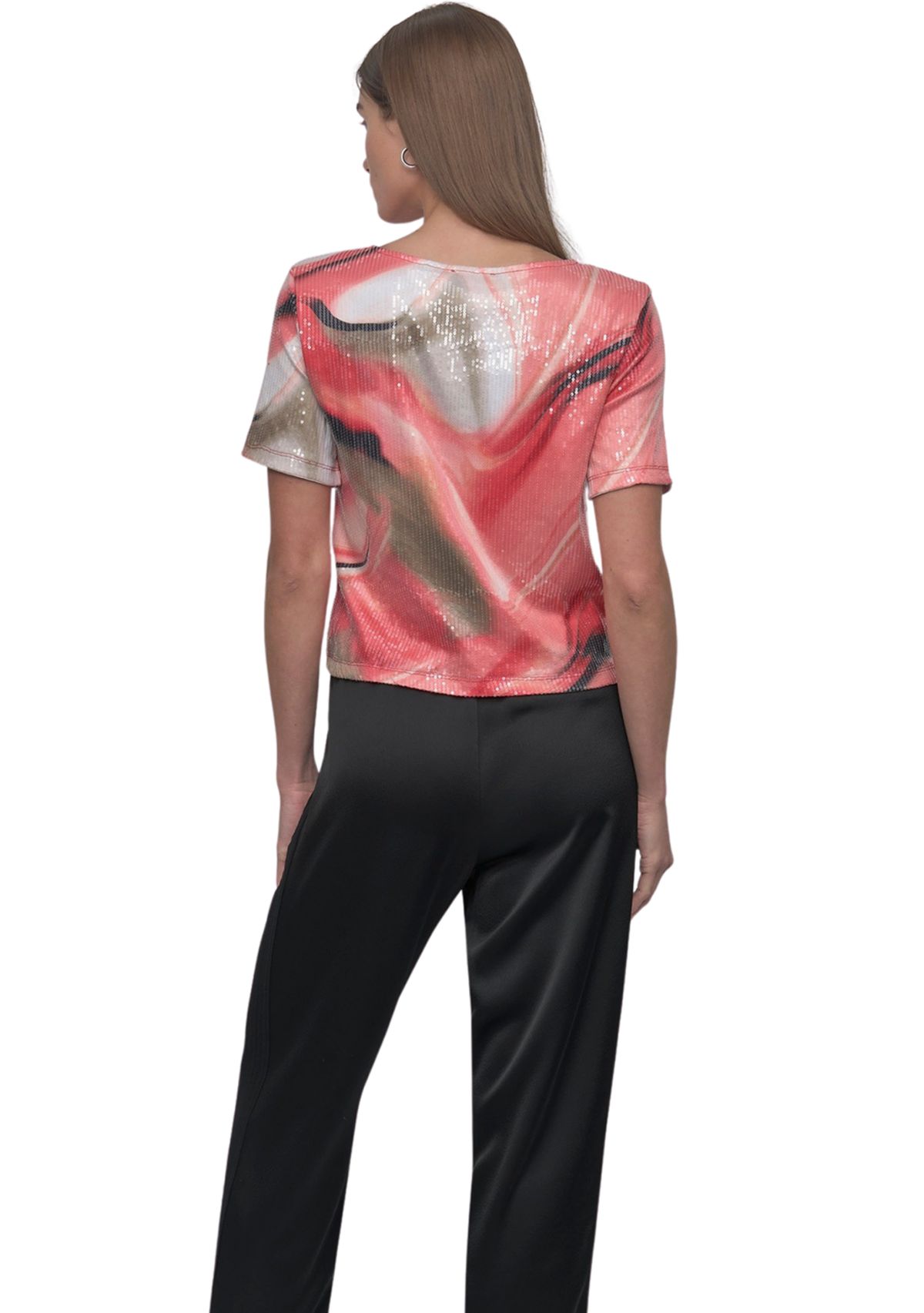 Womens Marble Printed Sequin T-Shirt