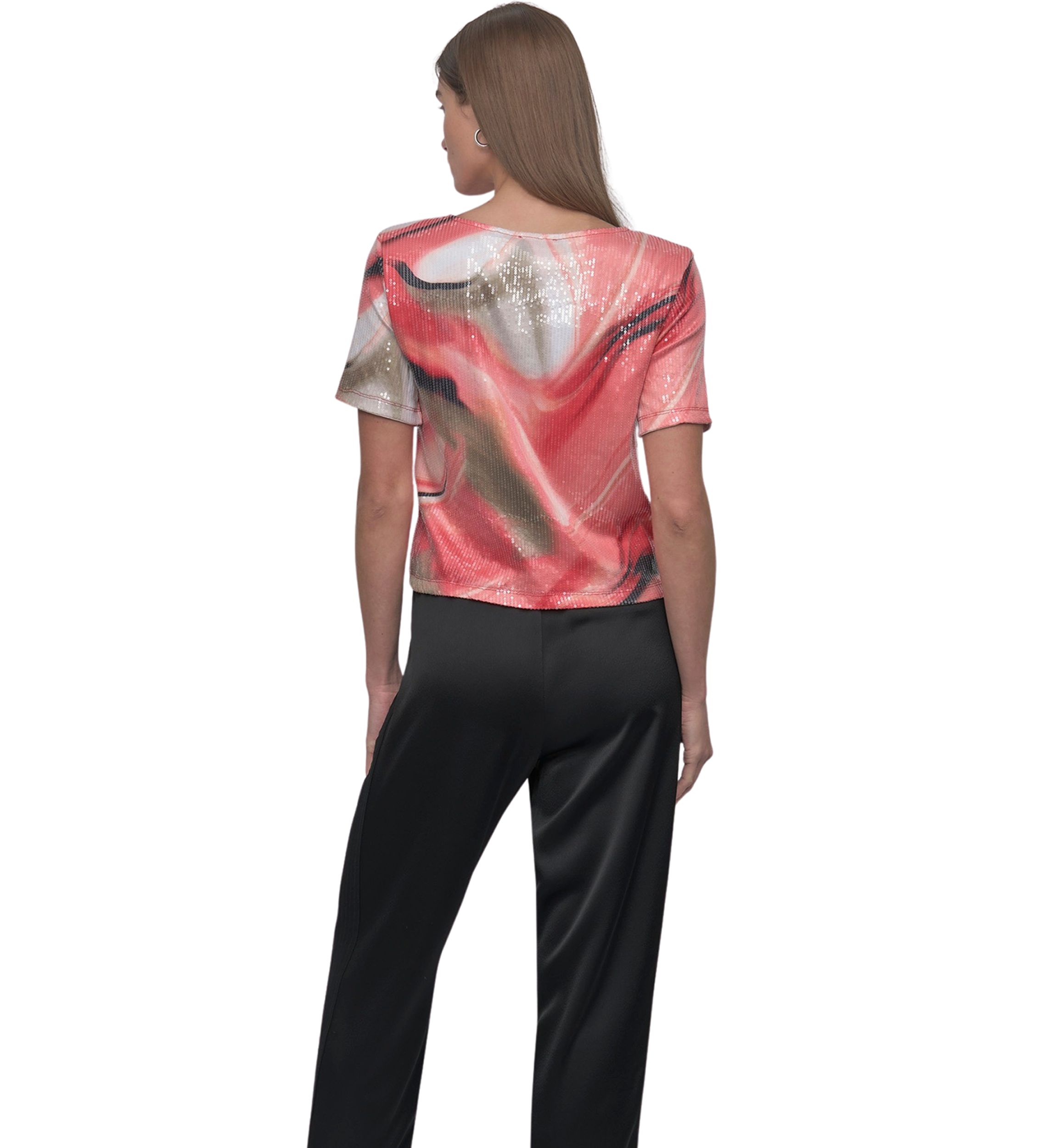 Womens Marble Printed Sequin T-Shirt