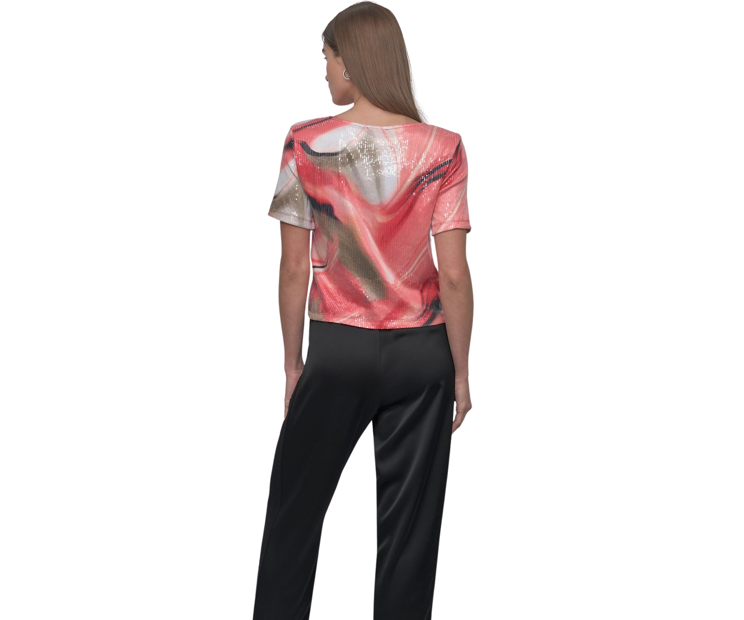 Womens Marble Printed Sequin T-Shirt