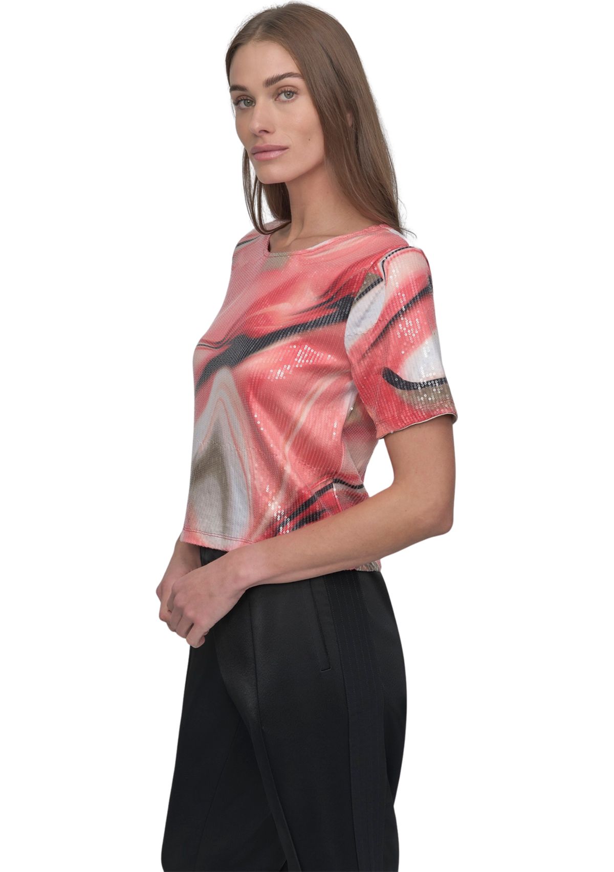 Womens Marble Printed Sequin T-Shirt