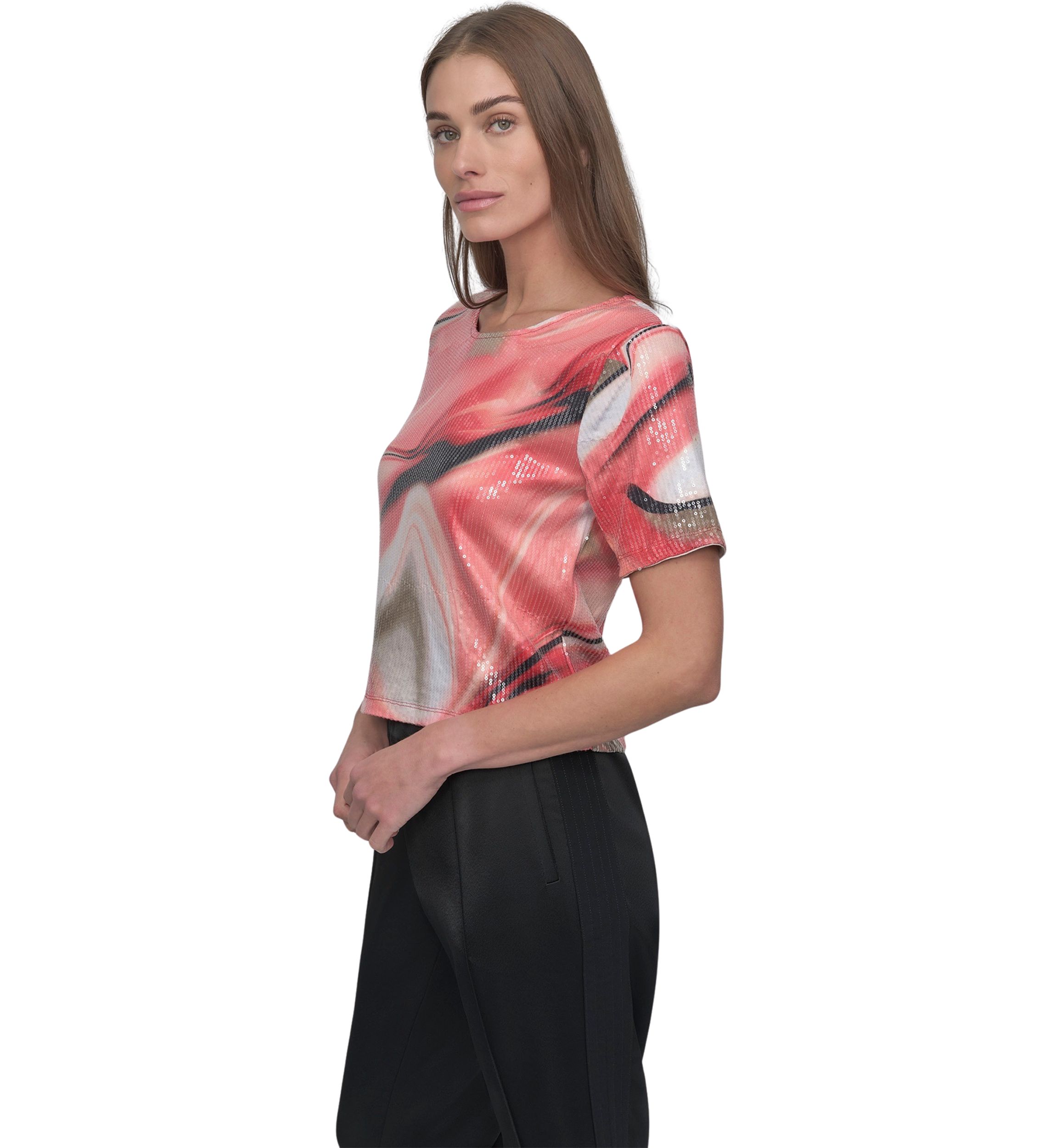 Womens Marble Printed Sequin T-Shirt