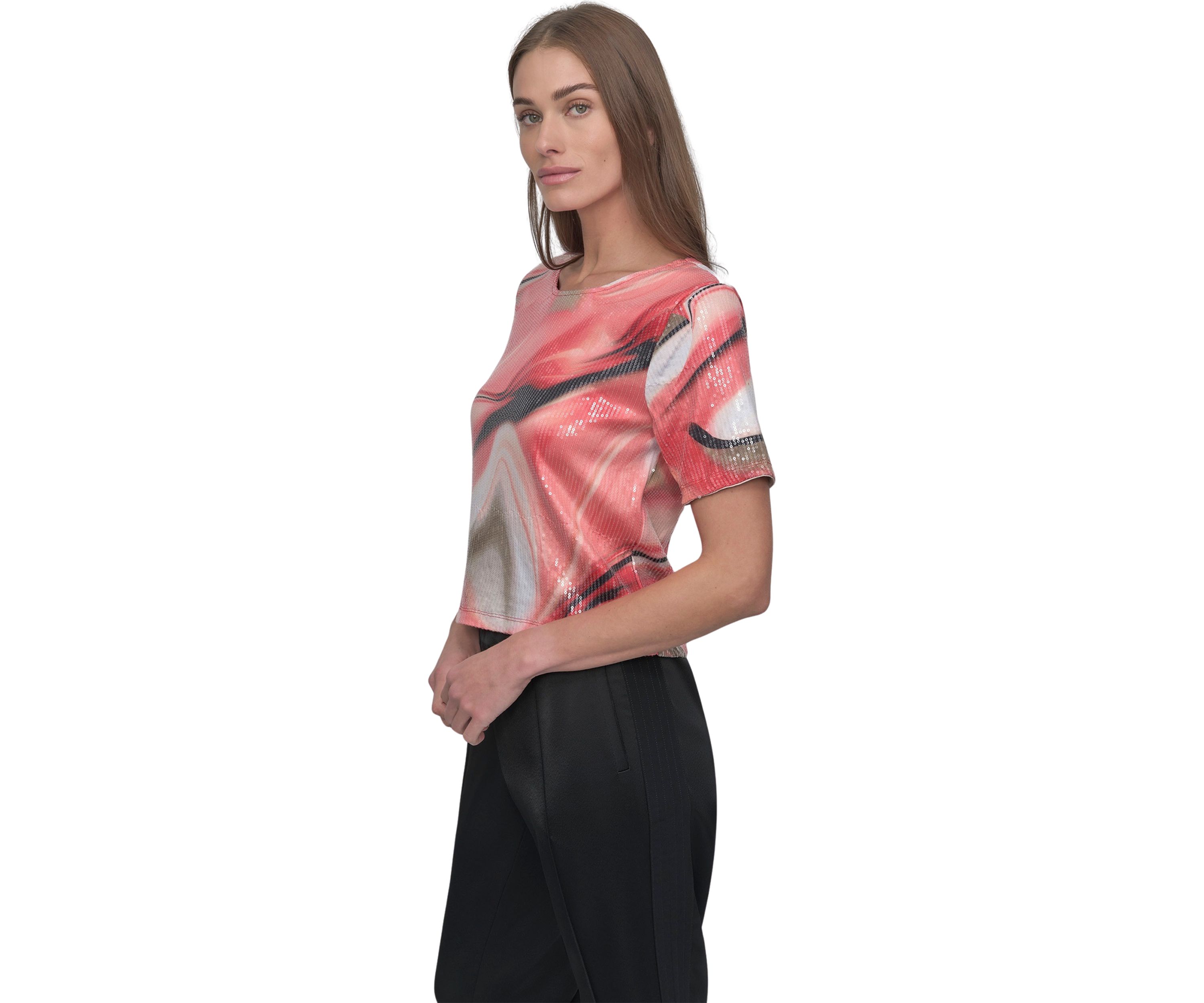 Womens Marble Printed Sequin T-Shirt